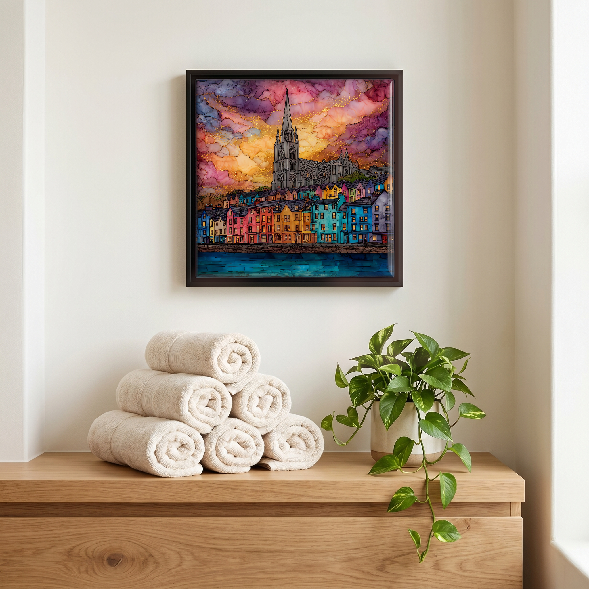 Above the linens, in a slim black surround.