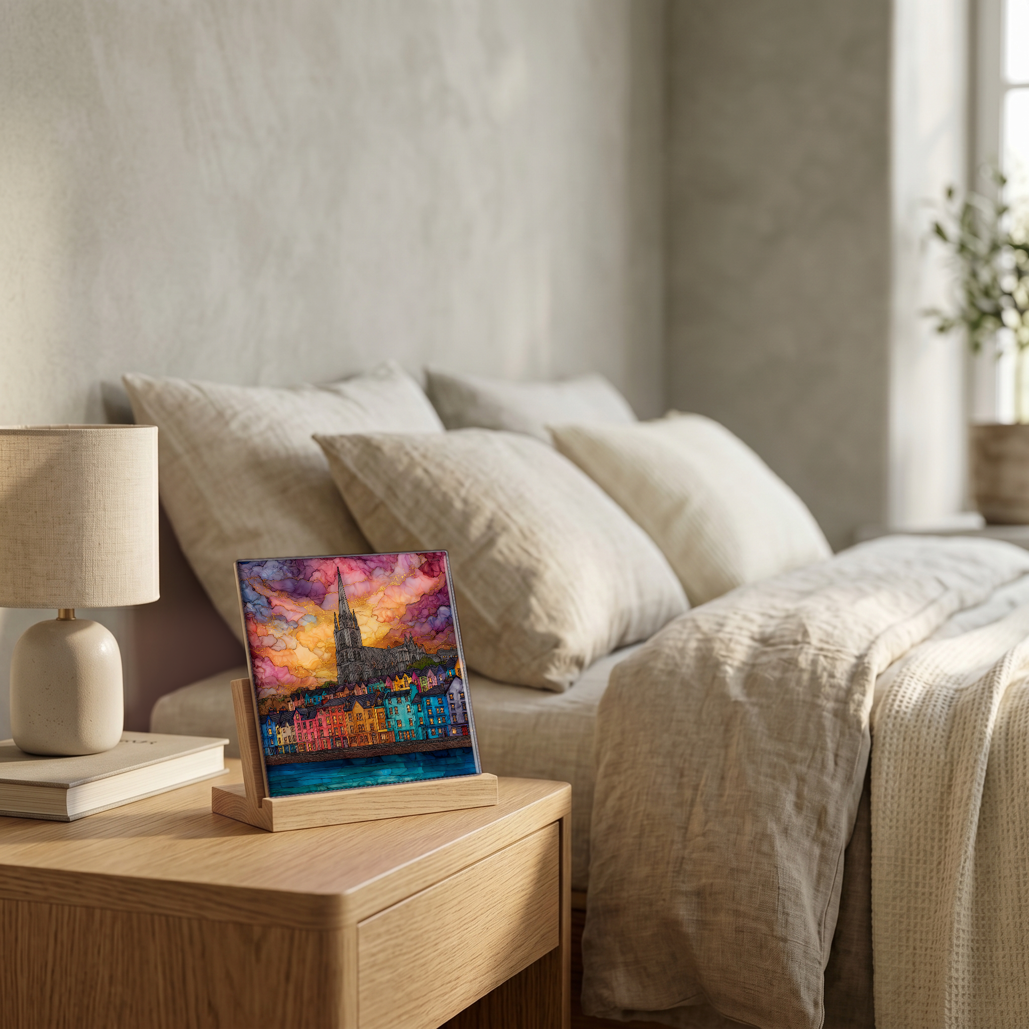 On the nightstand, on a light oak stand.