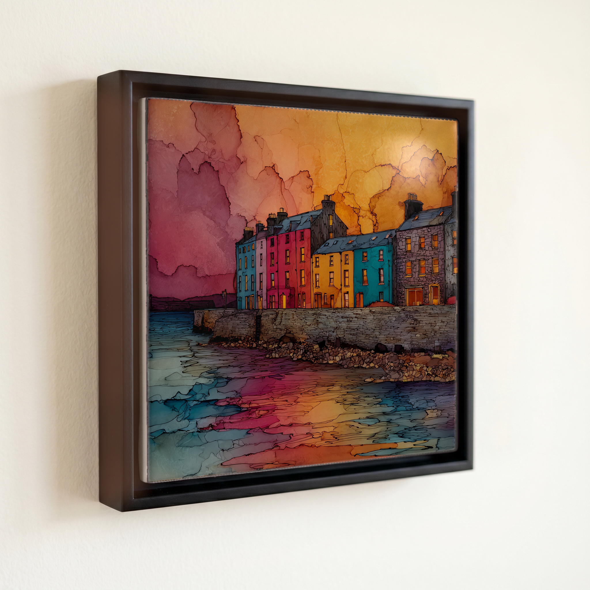 shown in a slim black floating frame · 6 × 6 in