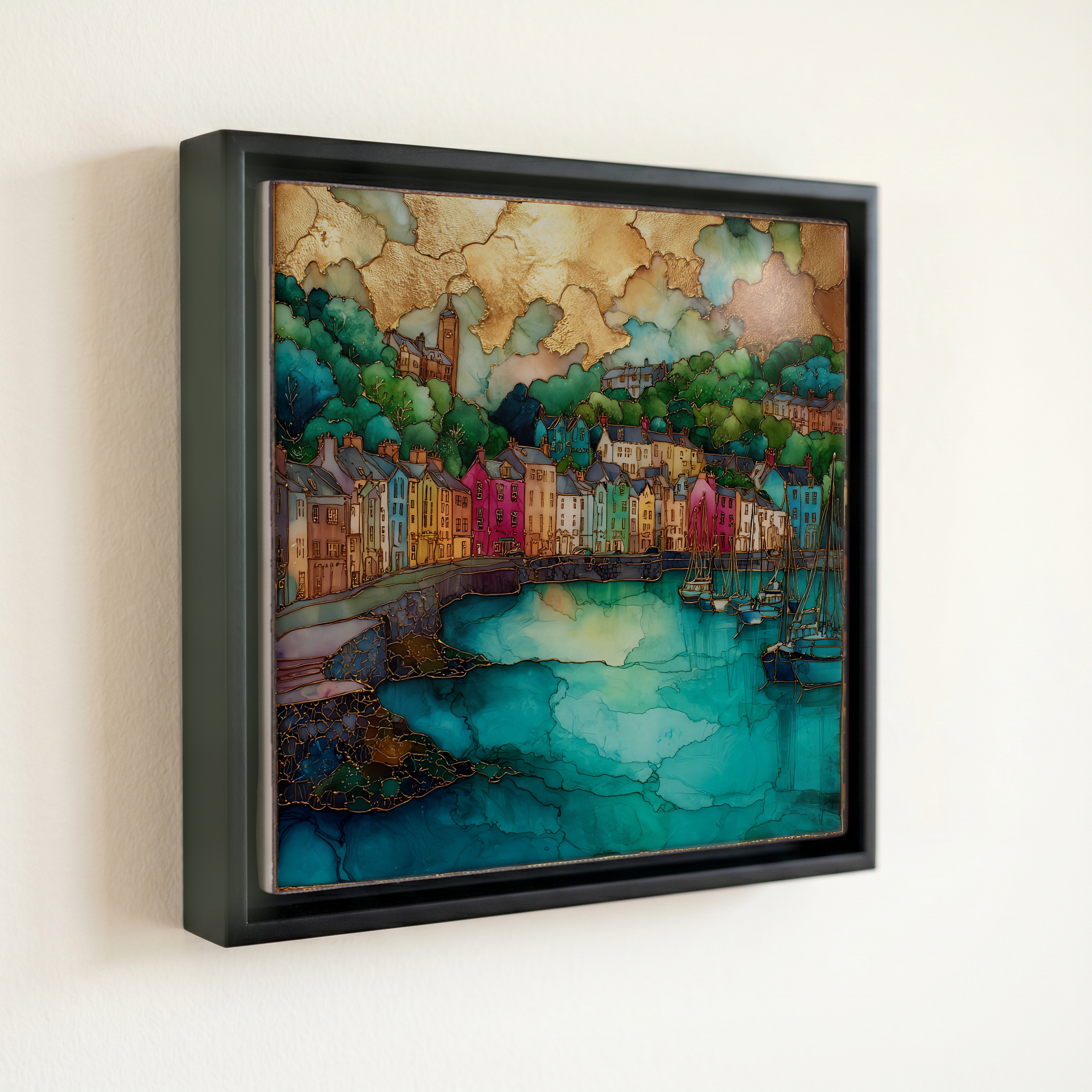 shown in a slim black floating frame · 6 × 6 in