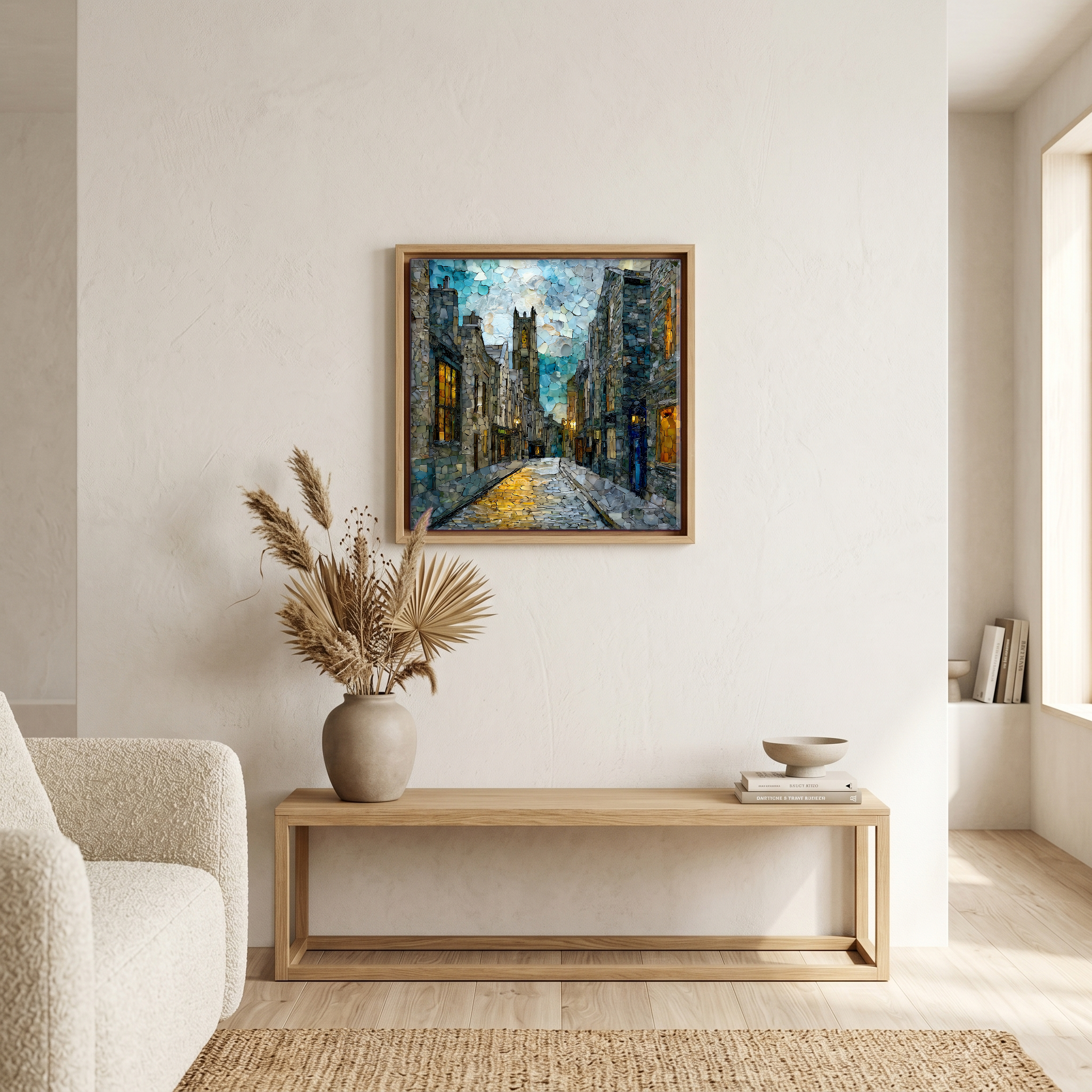 Above the bench, in a warm oak surround.