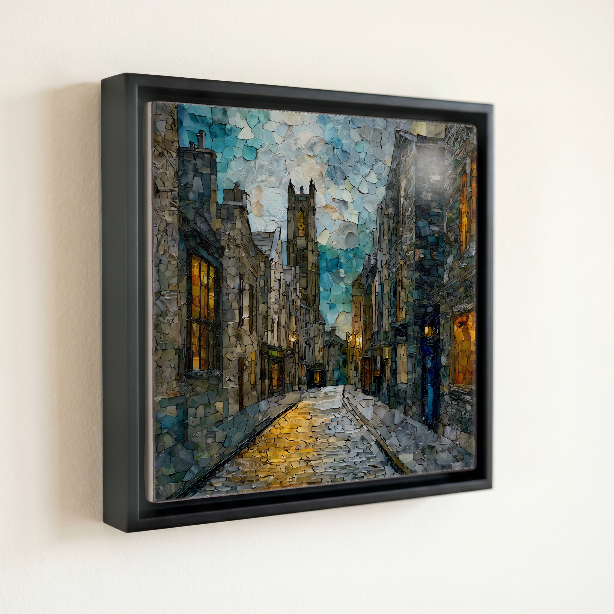 shown in a slim black floating frame · 6 × 6 in