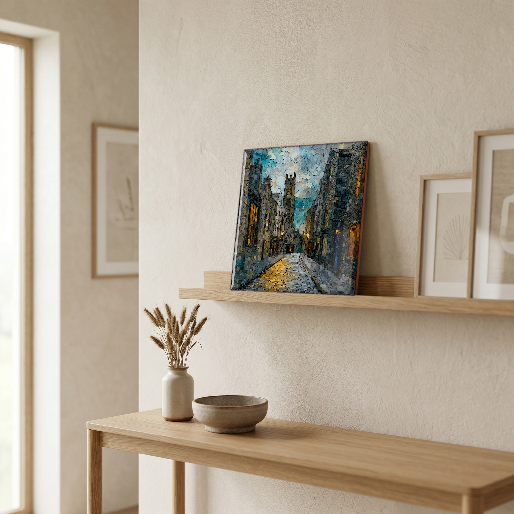On a picture ledge, where the light comes in.