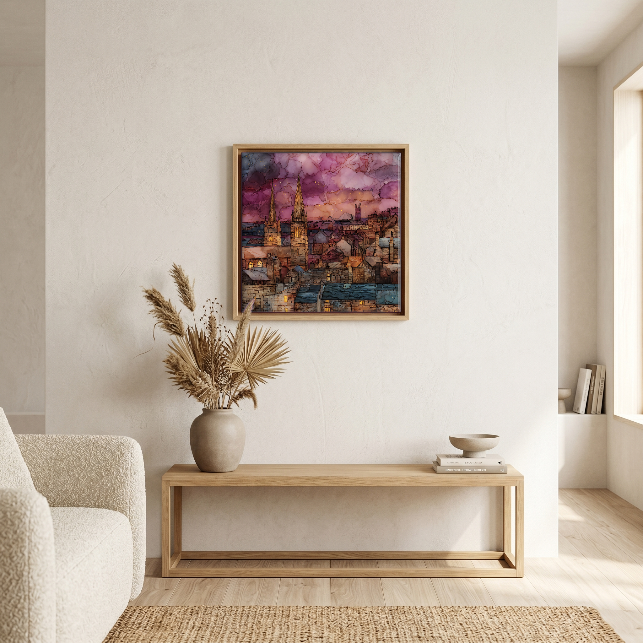 Above the bench, in a warm oak surround.