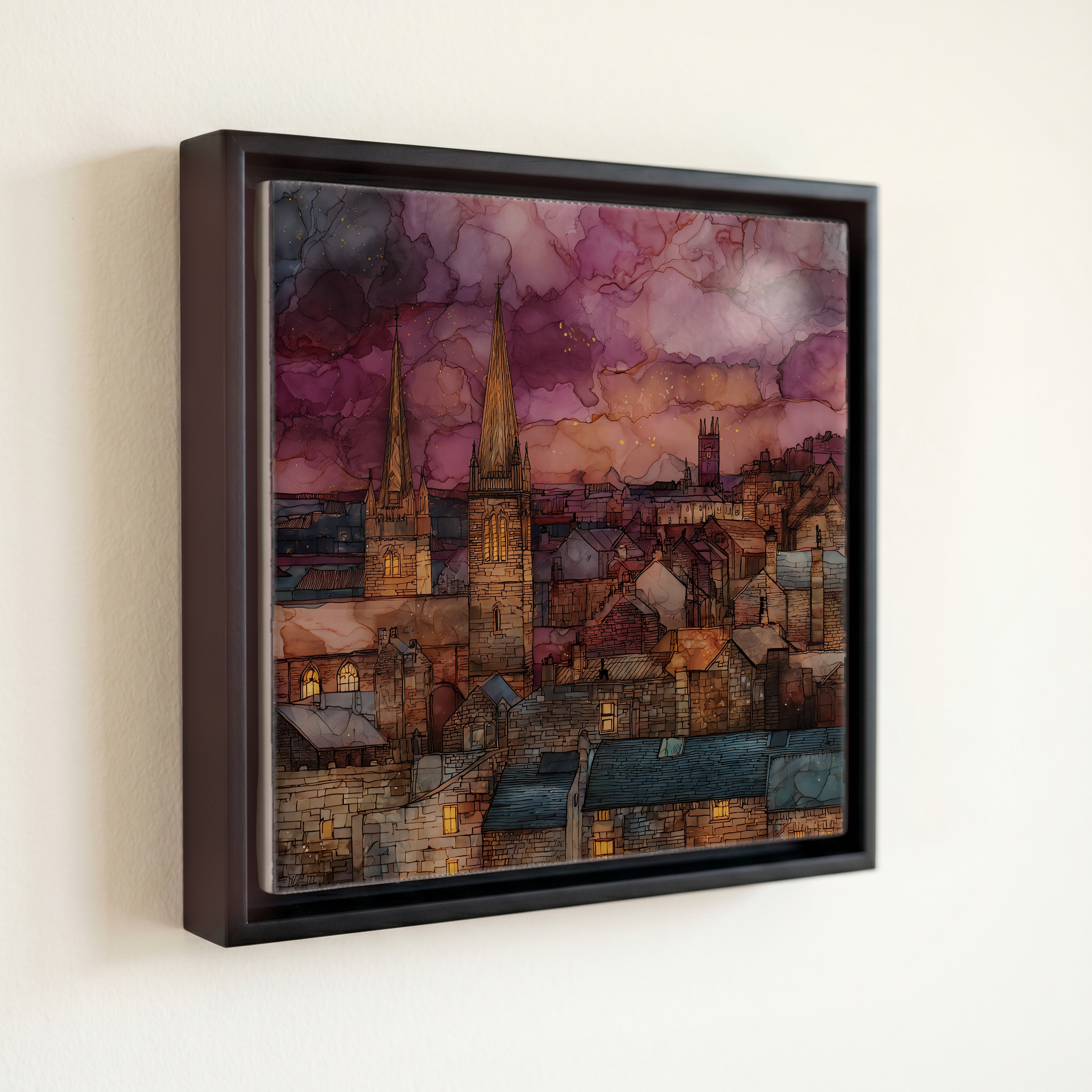 shown in a slim black floating frame · 6 × 6 in