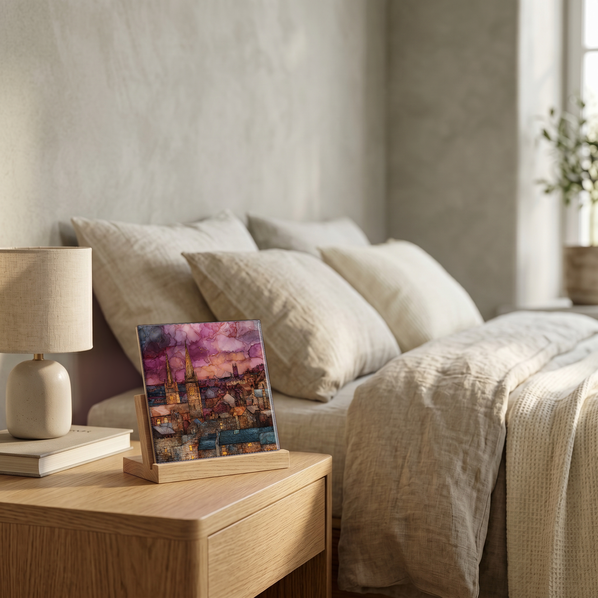 On the nightstand, on a light oak stand.