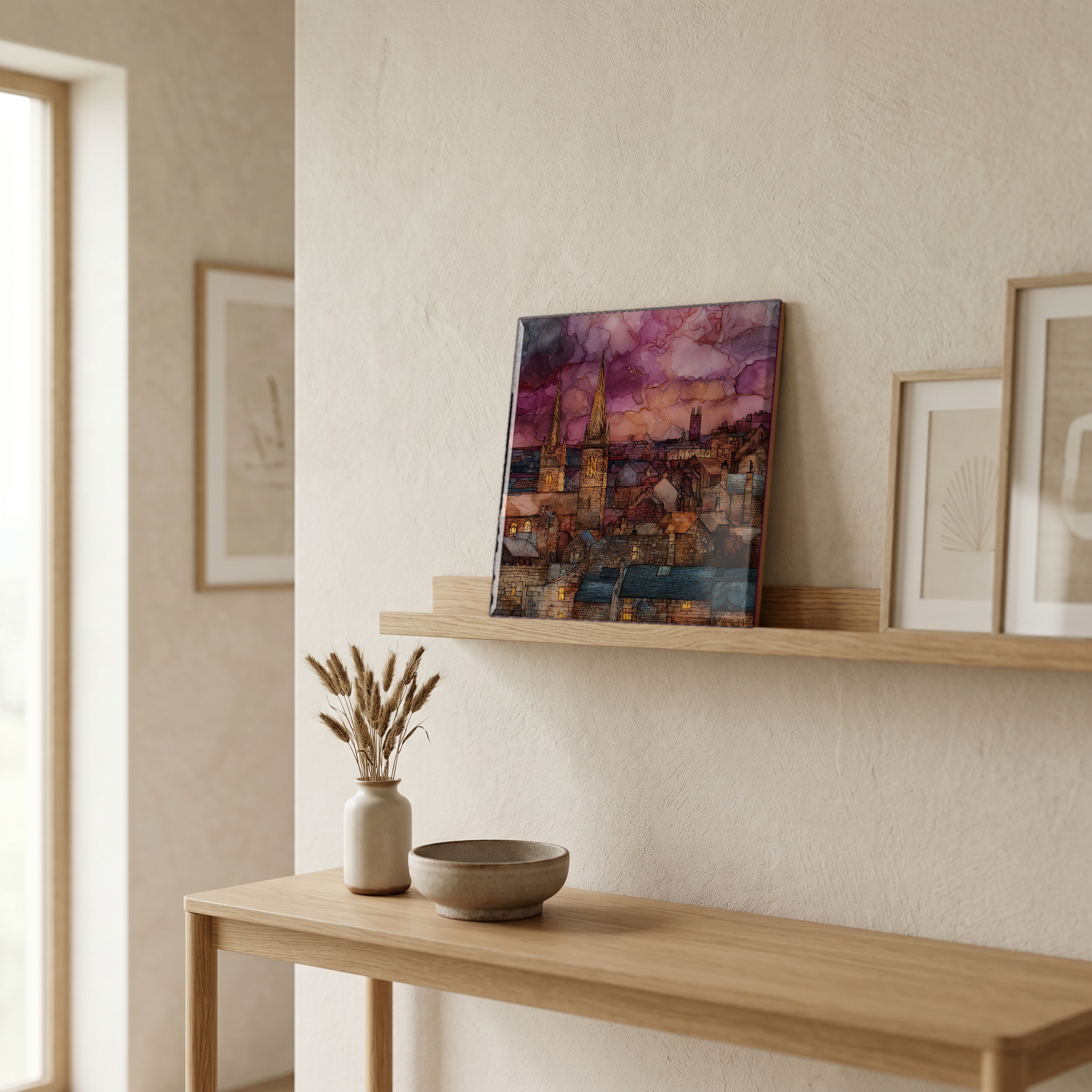 On a picture ledge, where the light comes in.