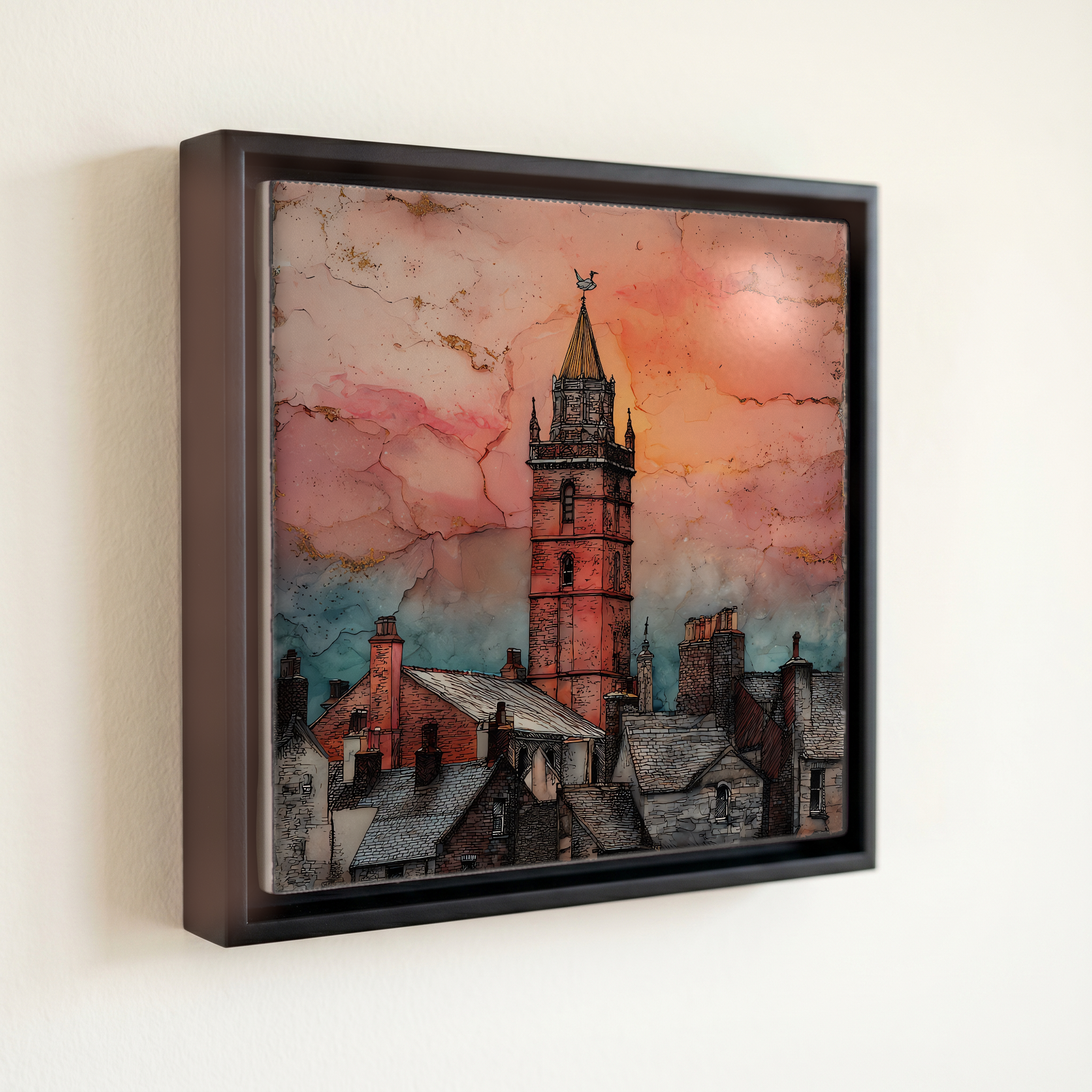 shown in a slim black floating frame · 6 × 6 in