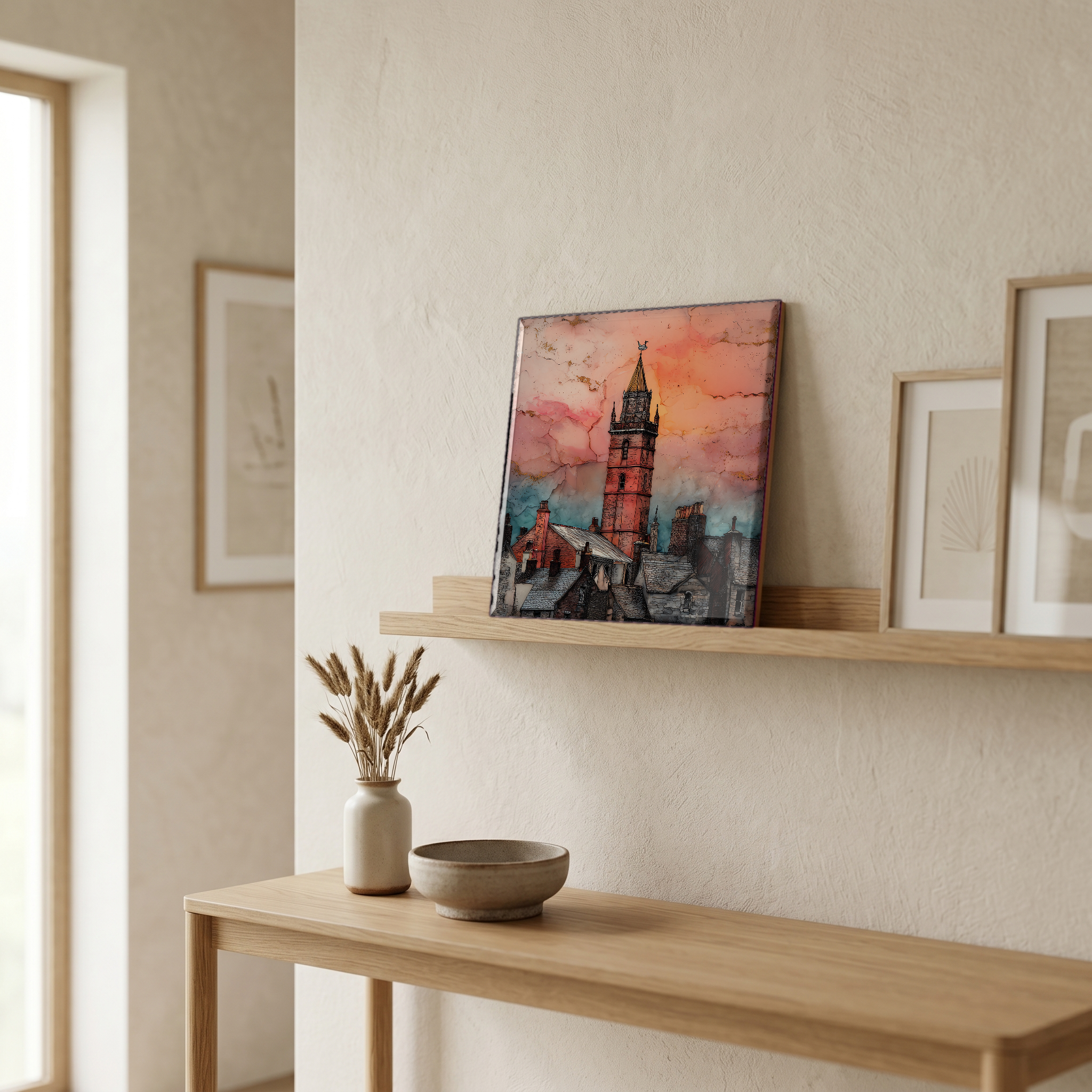 On a picture ledge, where the light comes in.