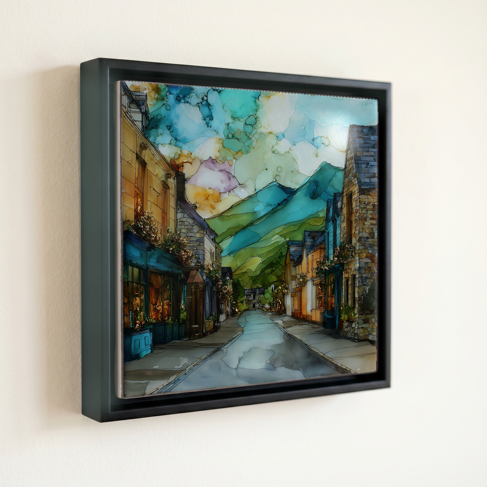 shown in a slim black floating frame · 6 × 6 in