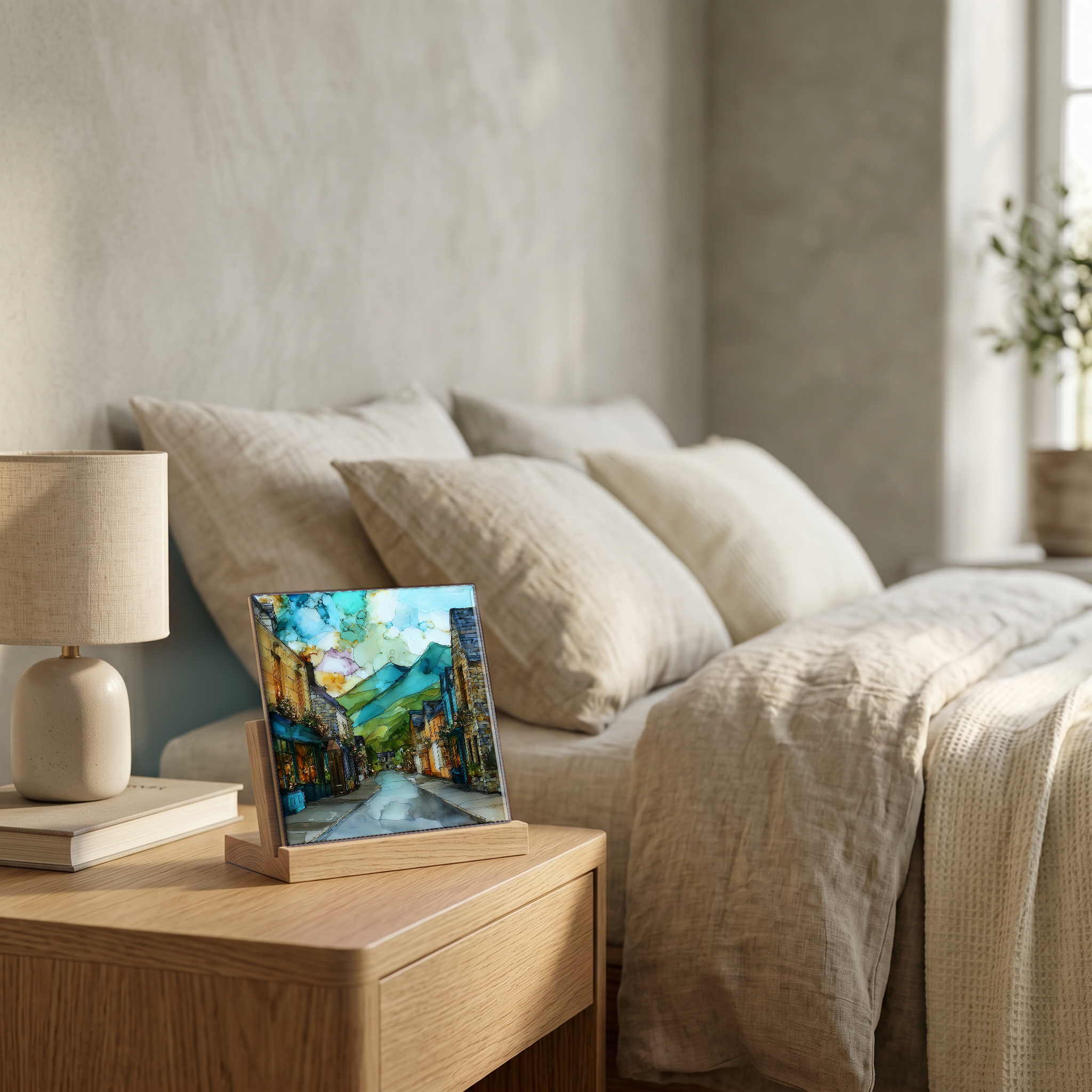 On the nightstand, on a light oak stand.