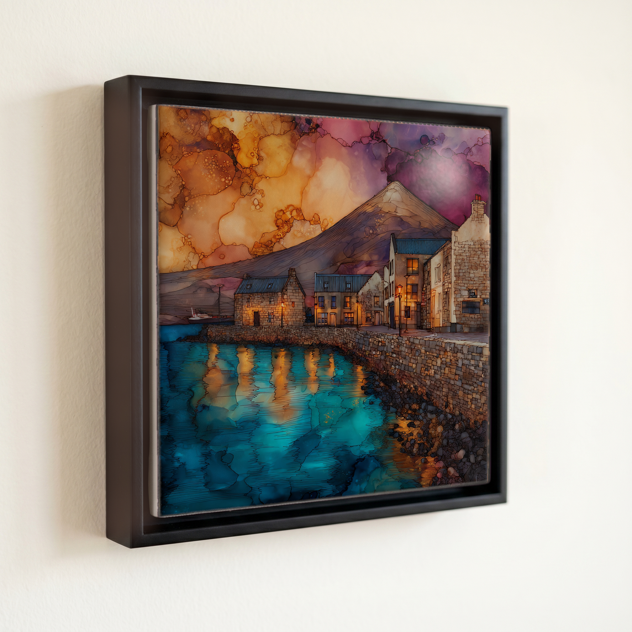 shown in a slim black floating frame · 6 × 6 in