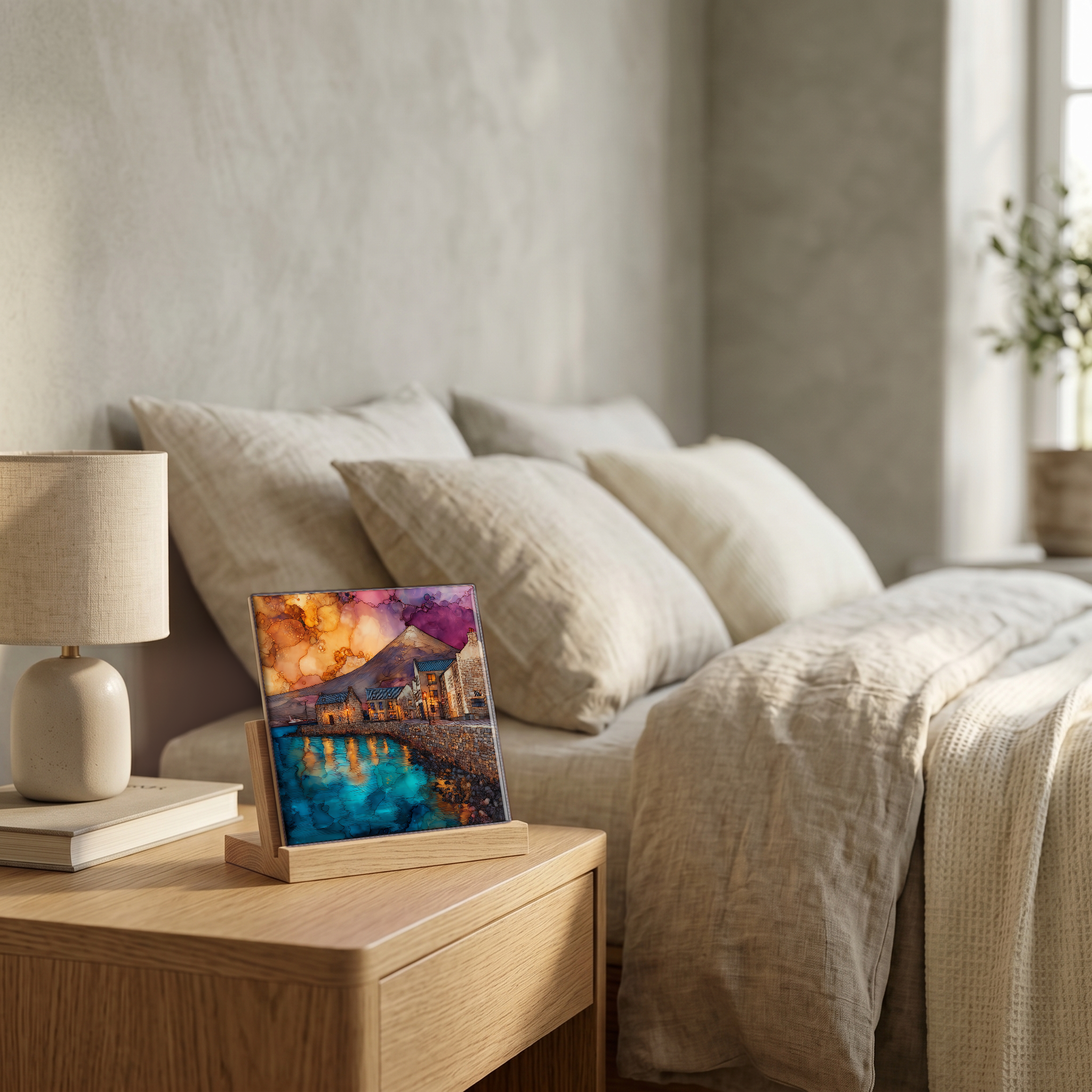 On the nightstand, on a light oak stand.