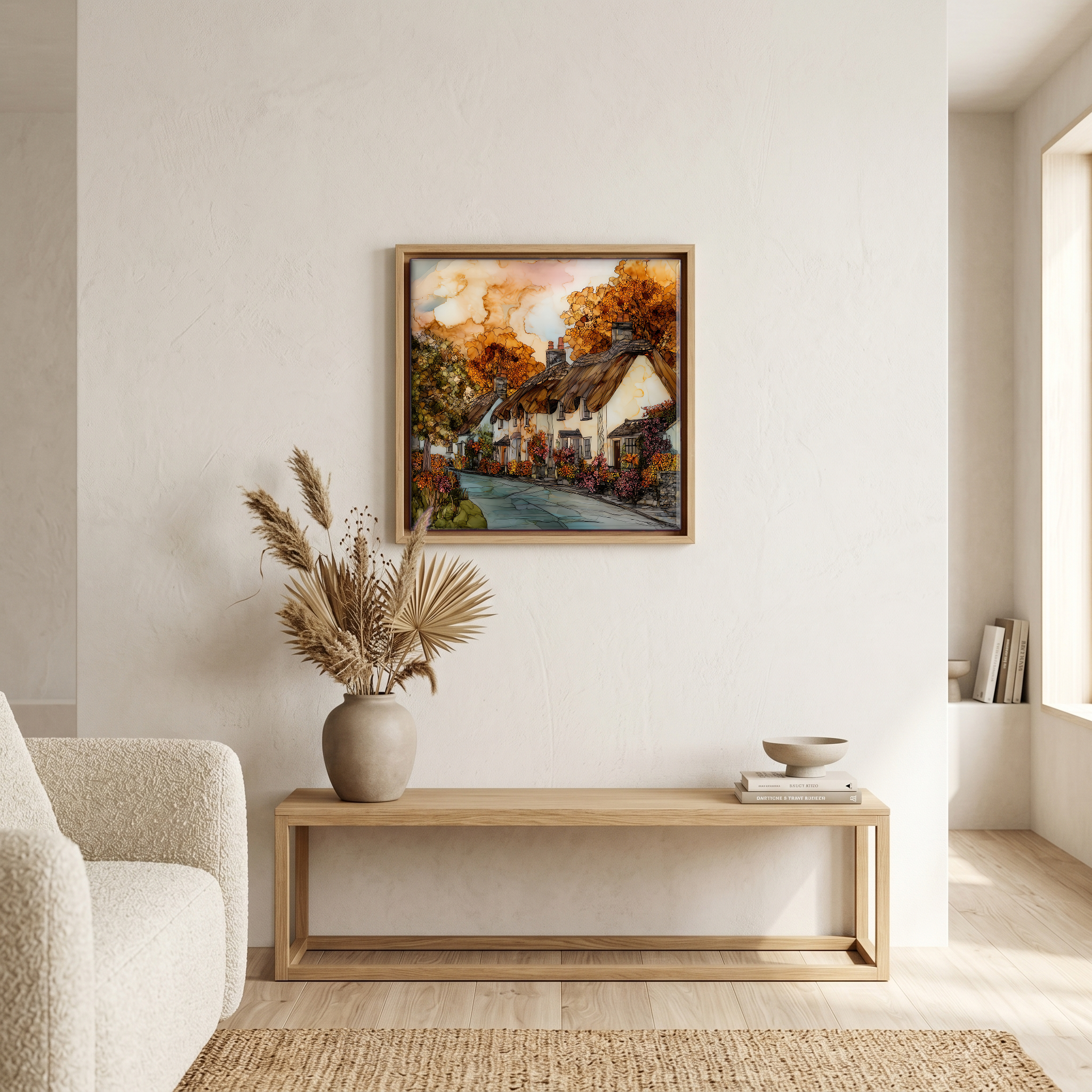 Above the bench, in a warm oak surround.