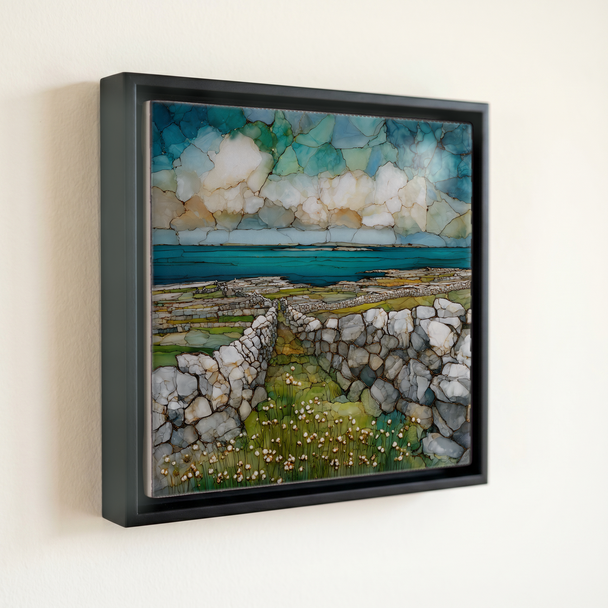 shown in a slim black floating frame · 6 × 6 in