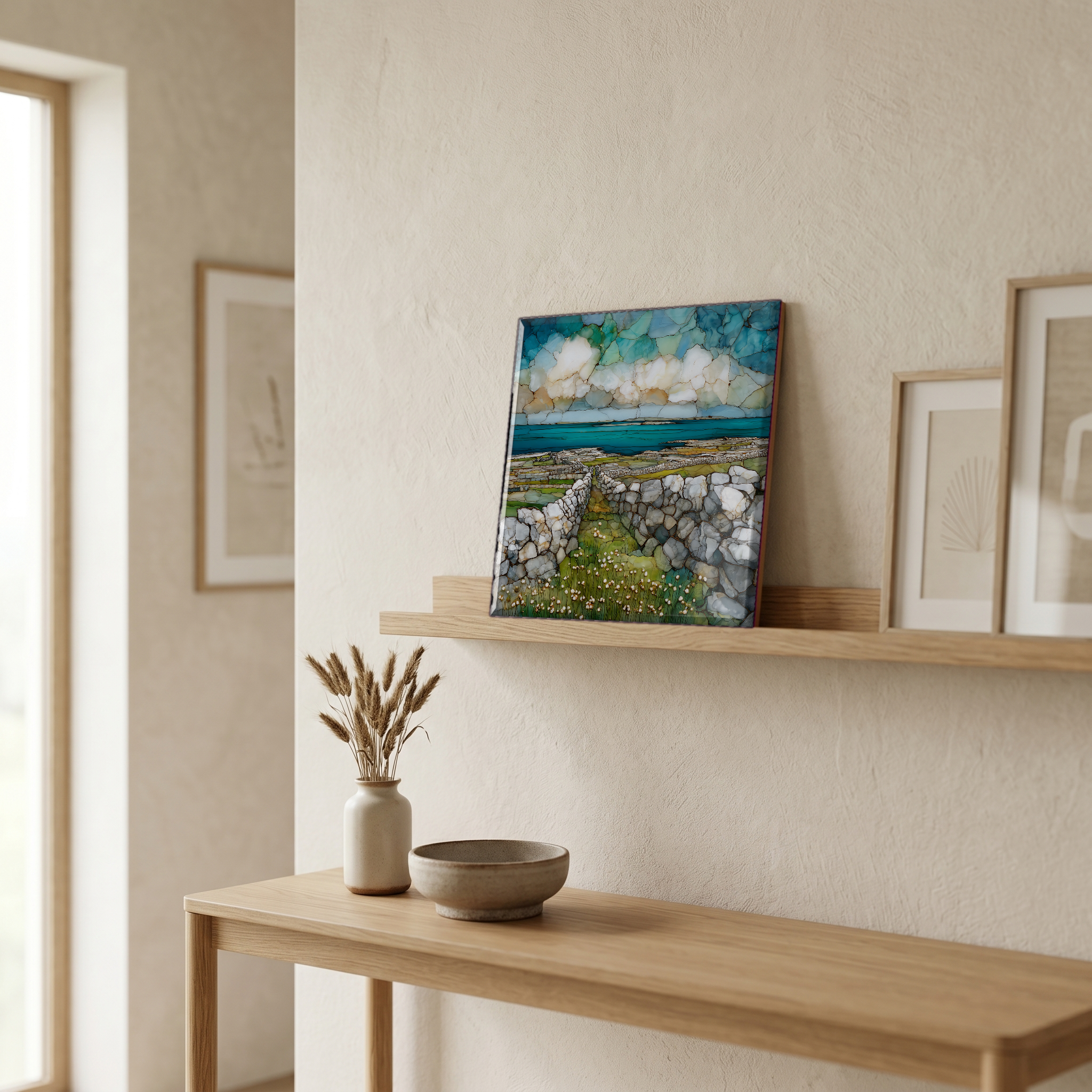 On a picture ledge, where the light comes in.