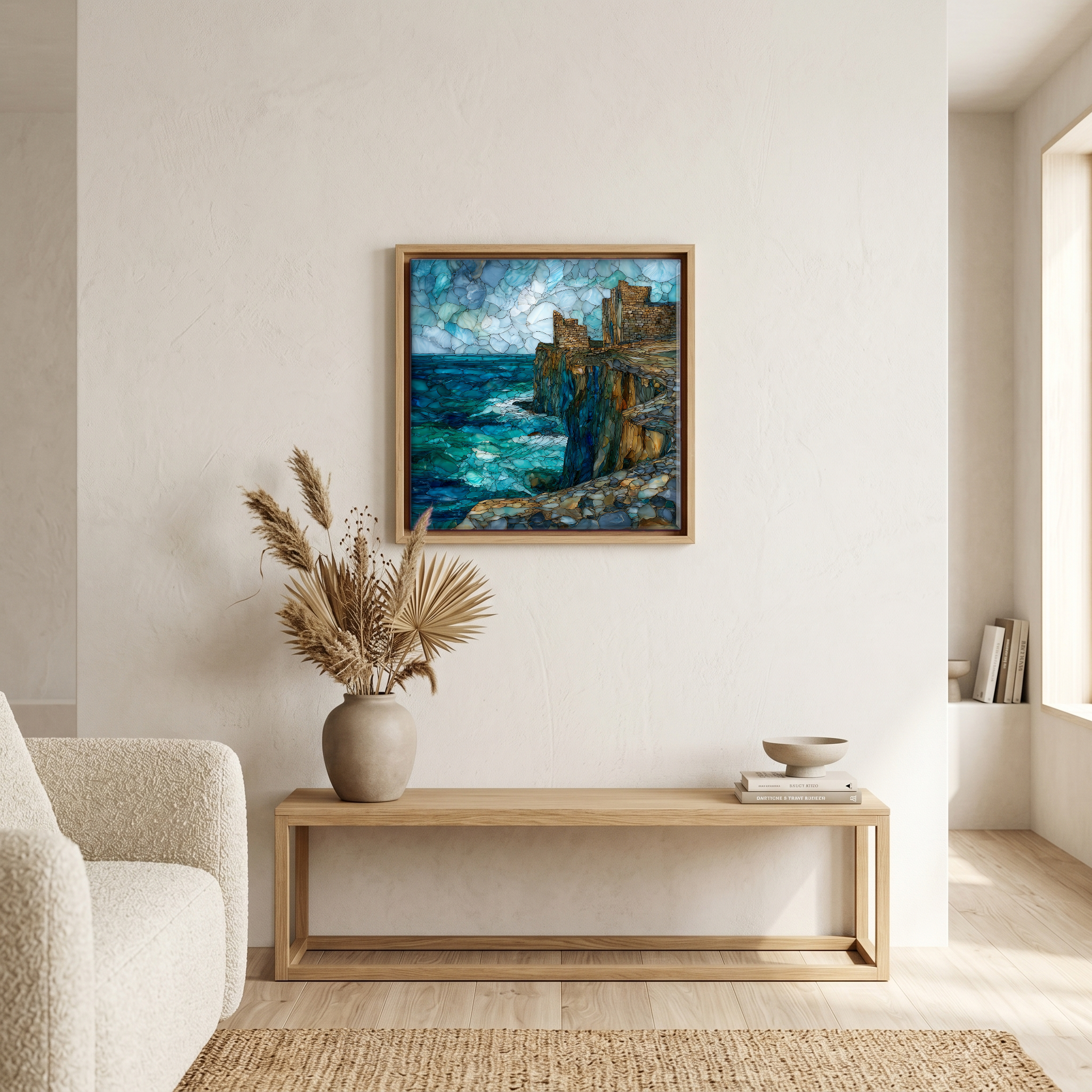 Above the bench, in a warm oak surround.