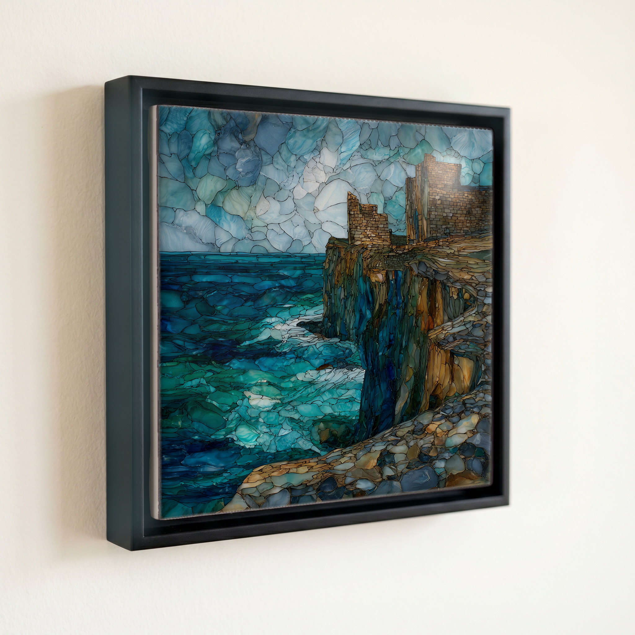 shown in a slim black floating frame · 6 × 6 in