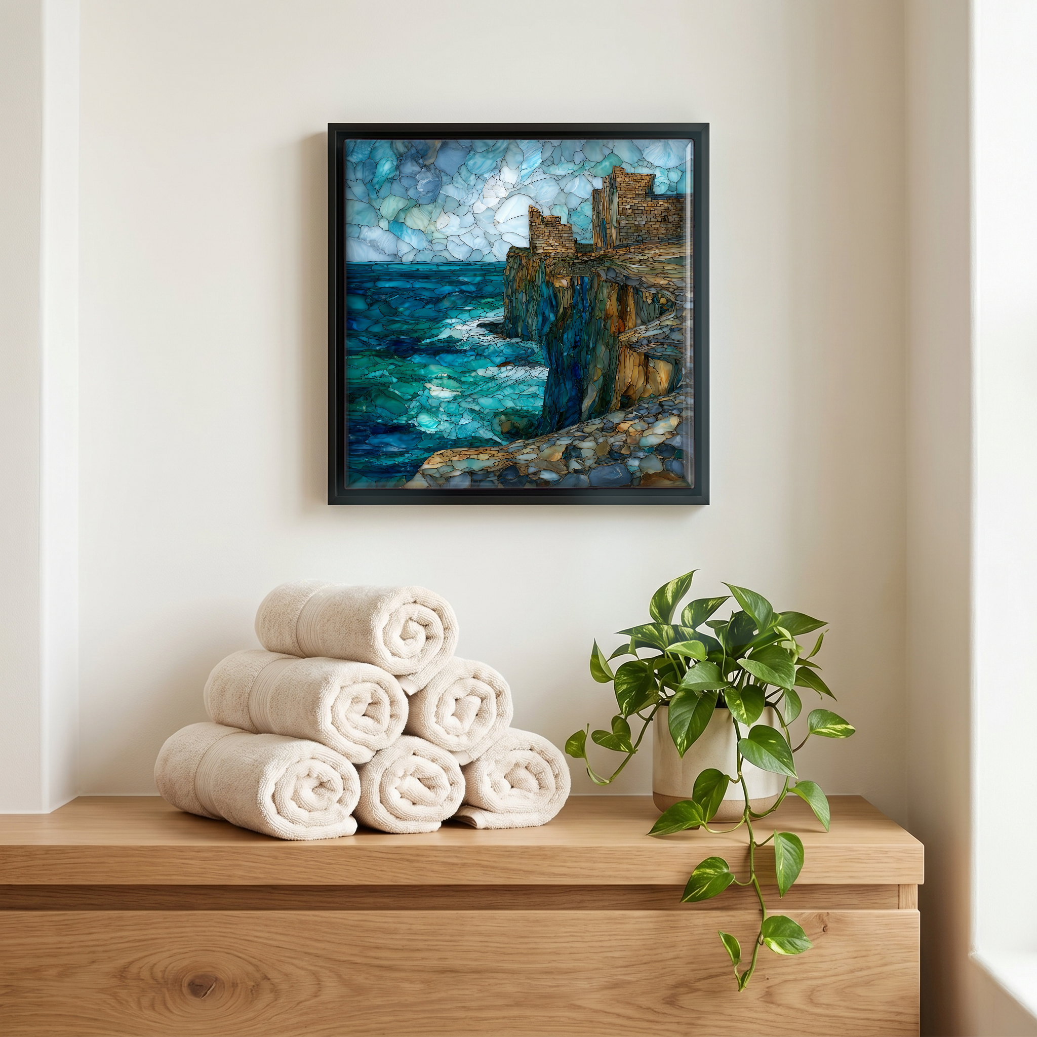 Above the linens, in a slim black surround.