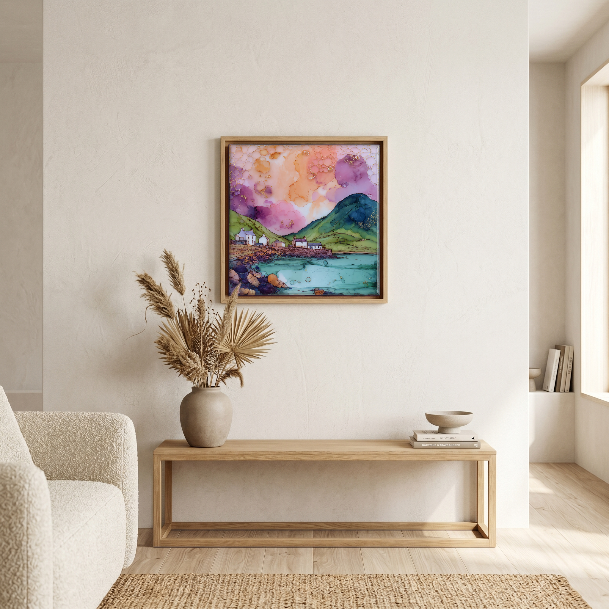 Above the bench, in a warm oak surround.