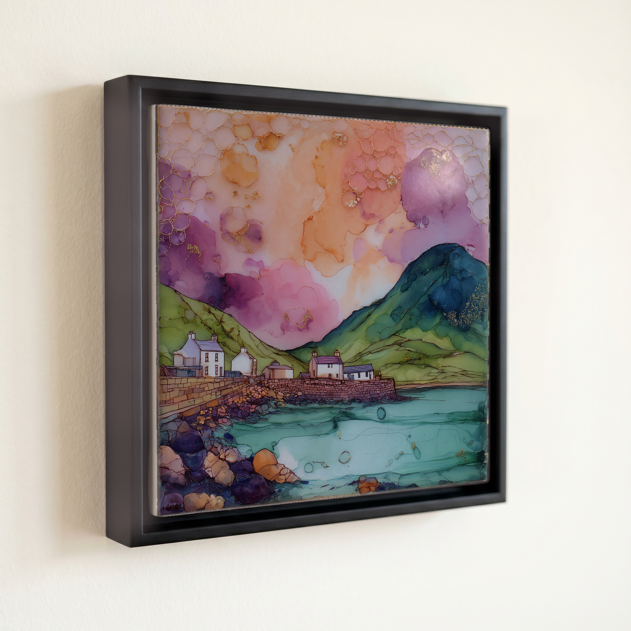 shown in a slim black floating frame · 6 × 6 in