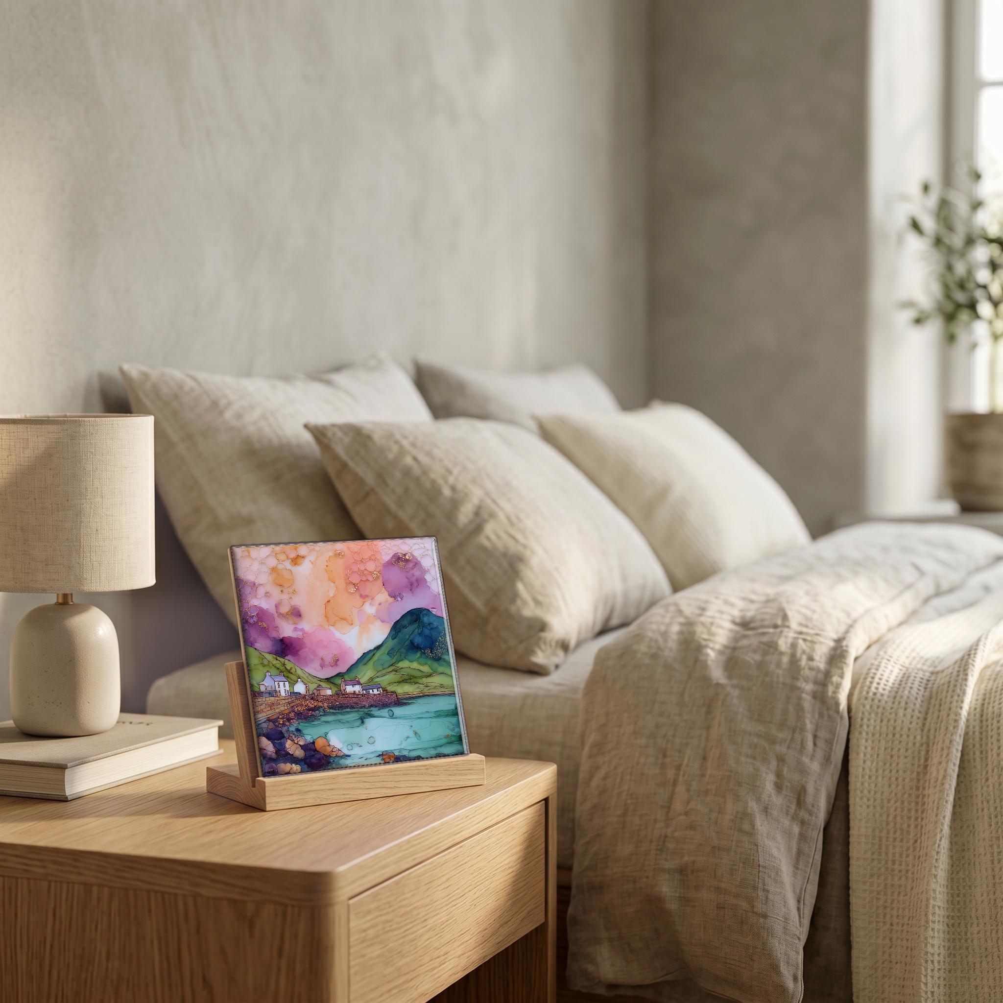 On the nightstand, on a light oak stand.