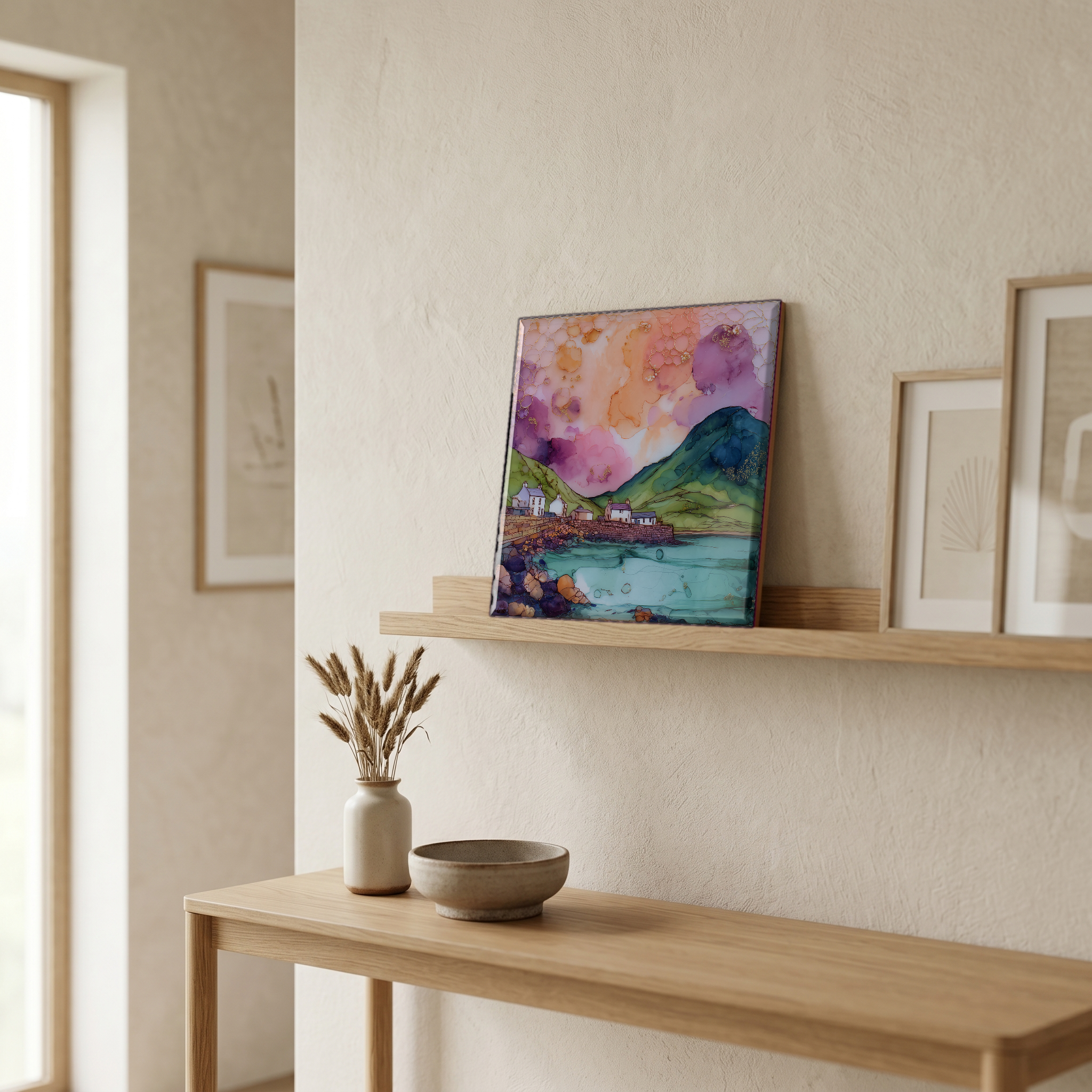 On a picture ledge, where the light comes in.