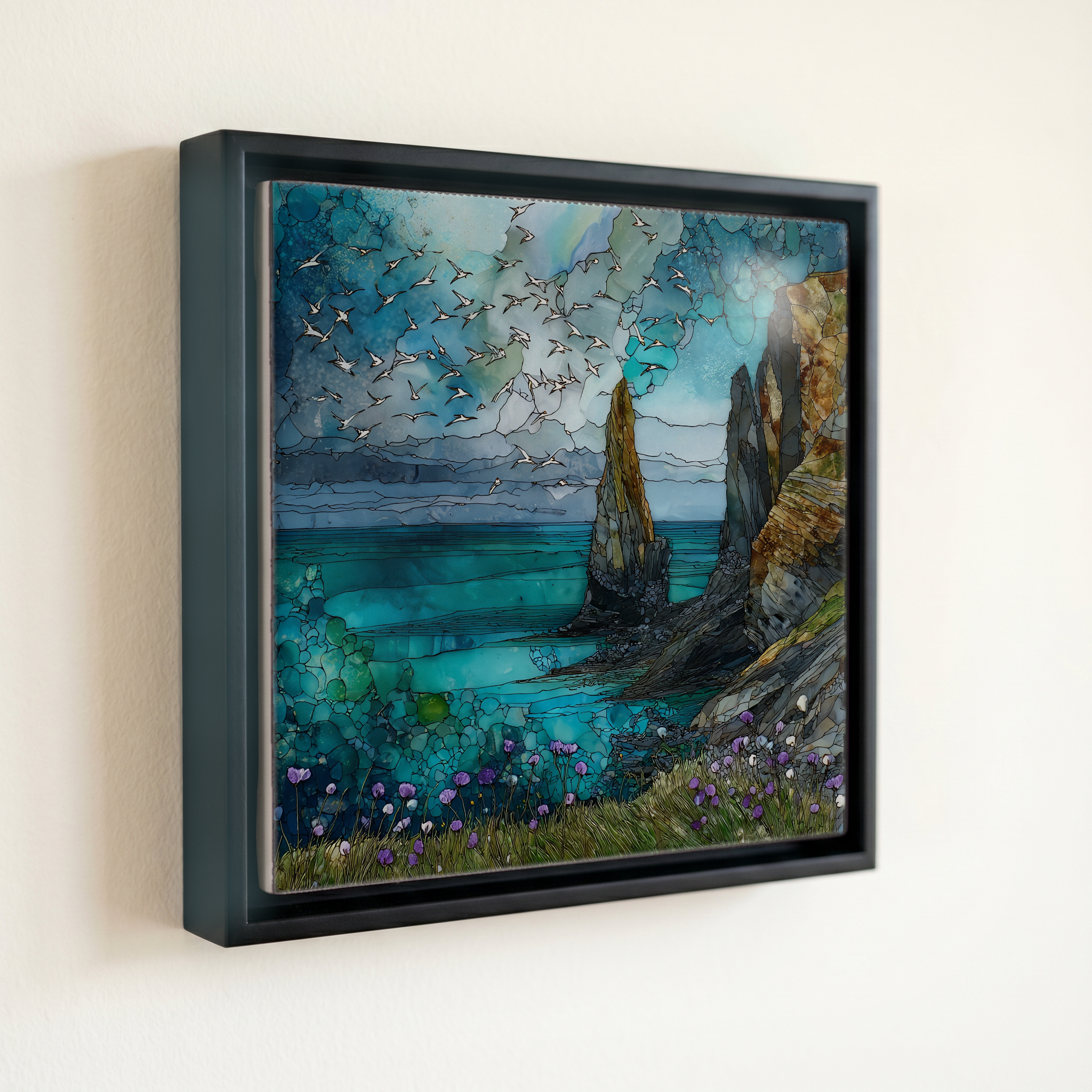 shown in a slim black floating frame · 6 × 6 in