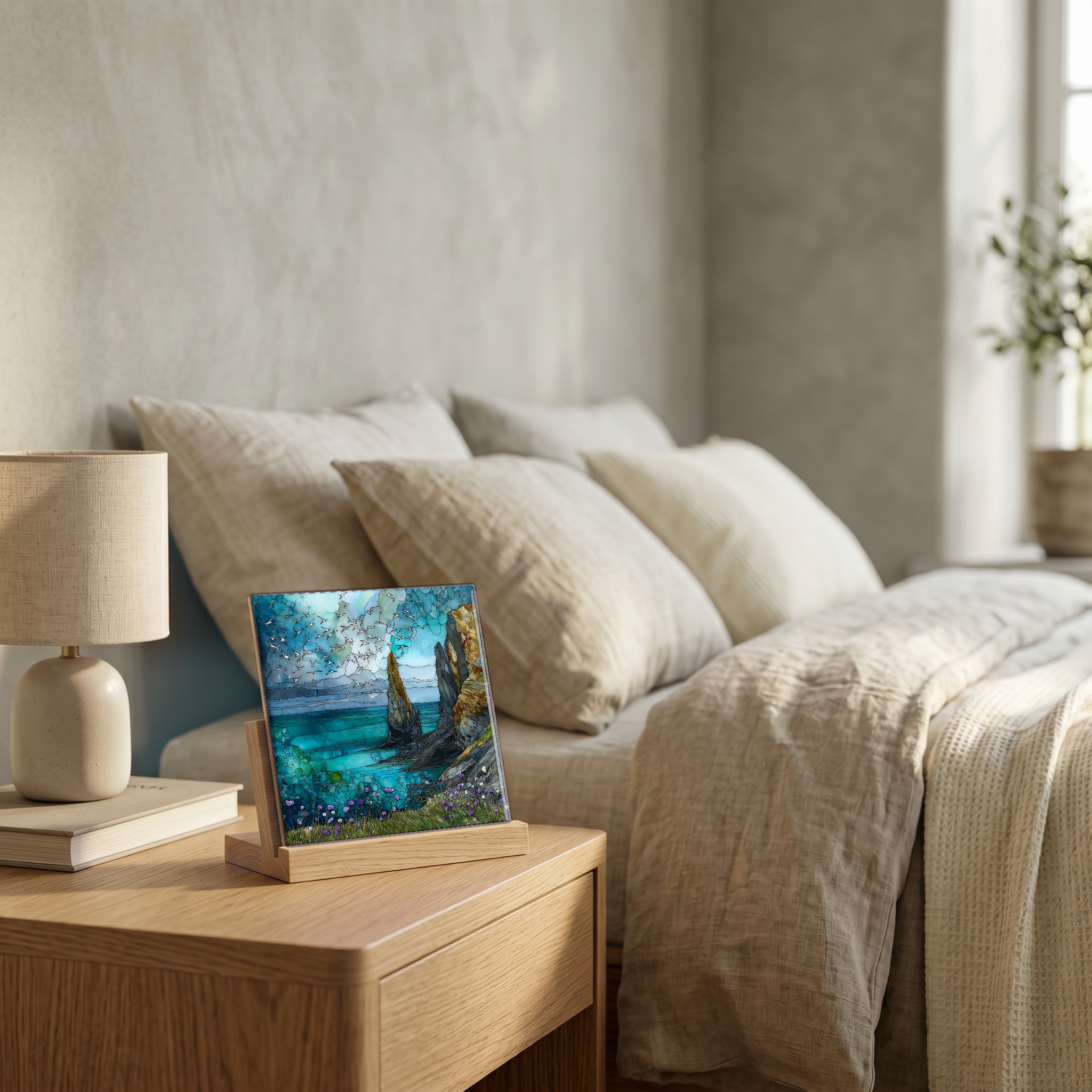 On the nightstand, on a light oak stand.