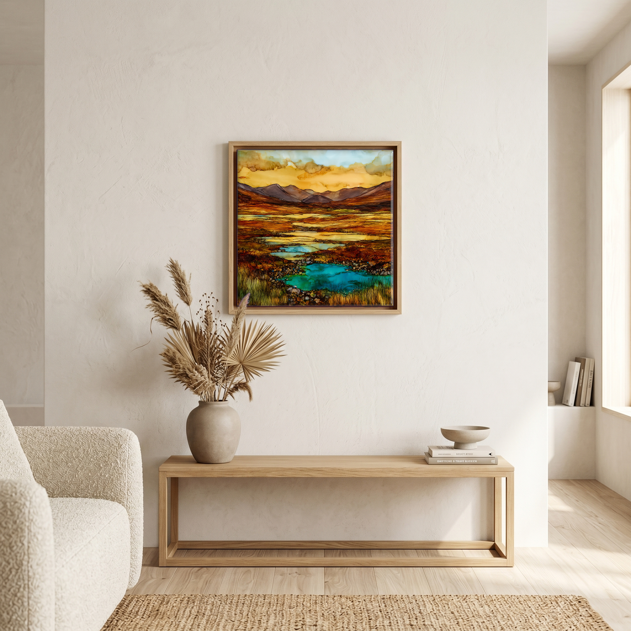 Above the bench, in a warm oak surround.