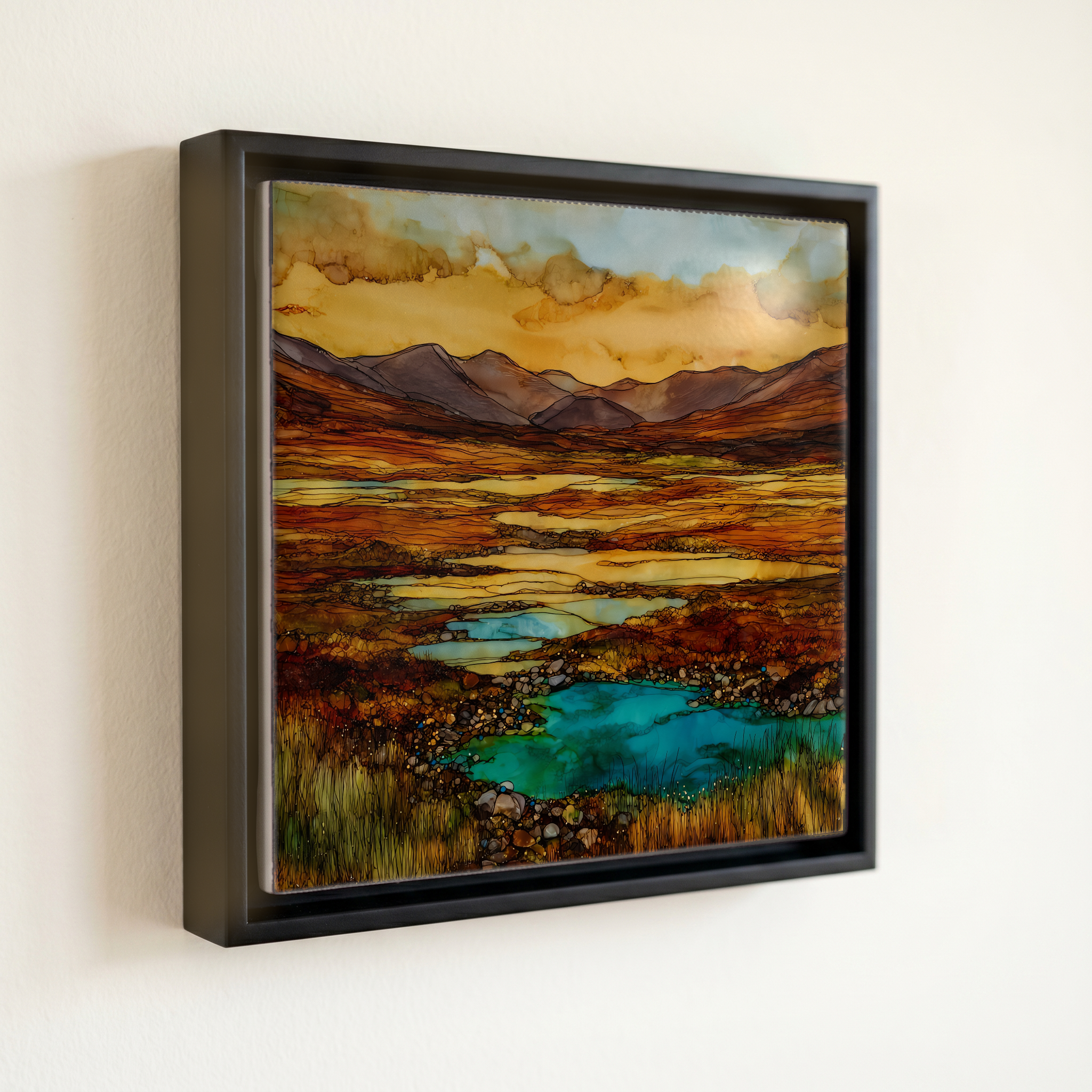 shown in a slim black floating frame · 6 × 6 in