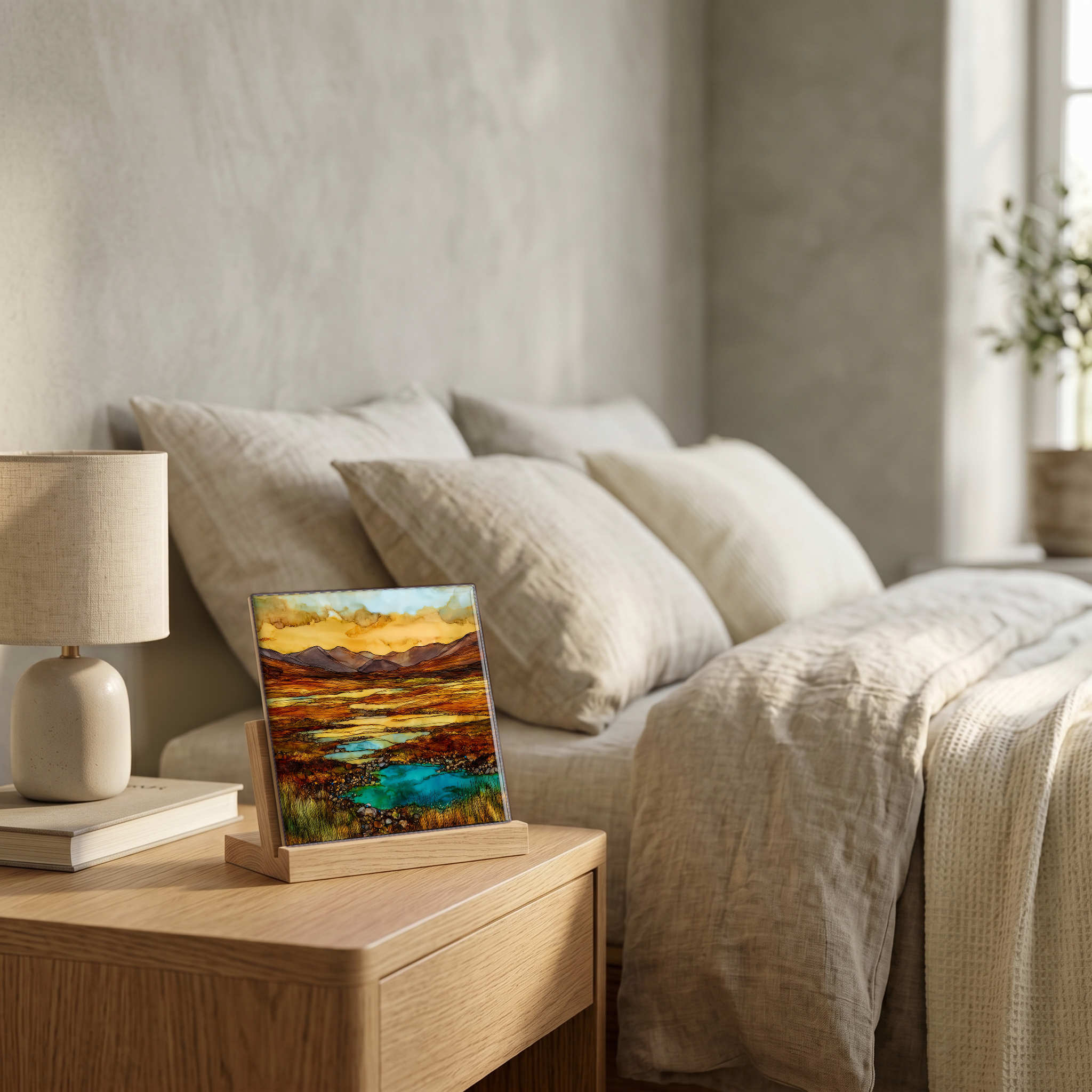 On the nightstand, on a light oak stand.