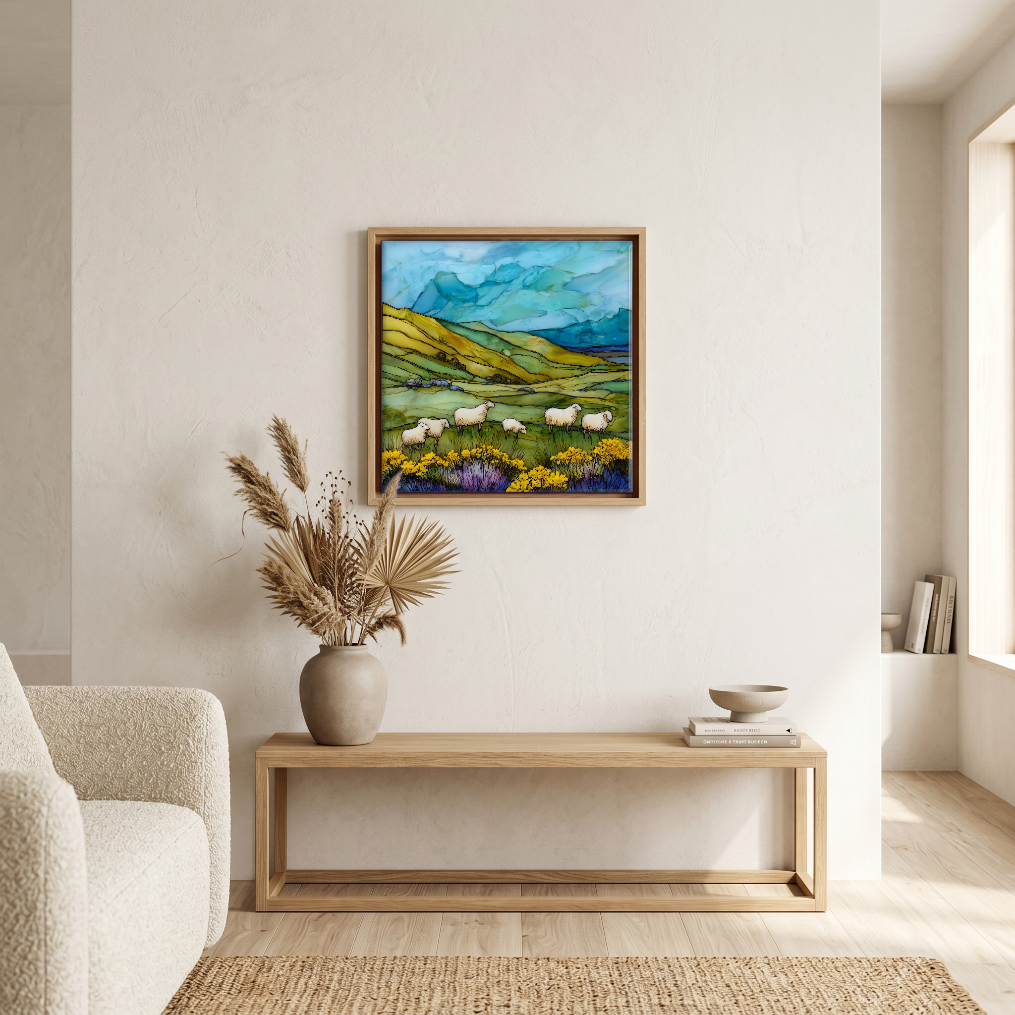 Above the bench, in a warm oak surround.