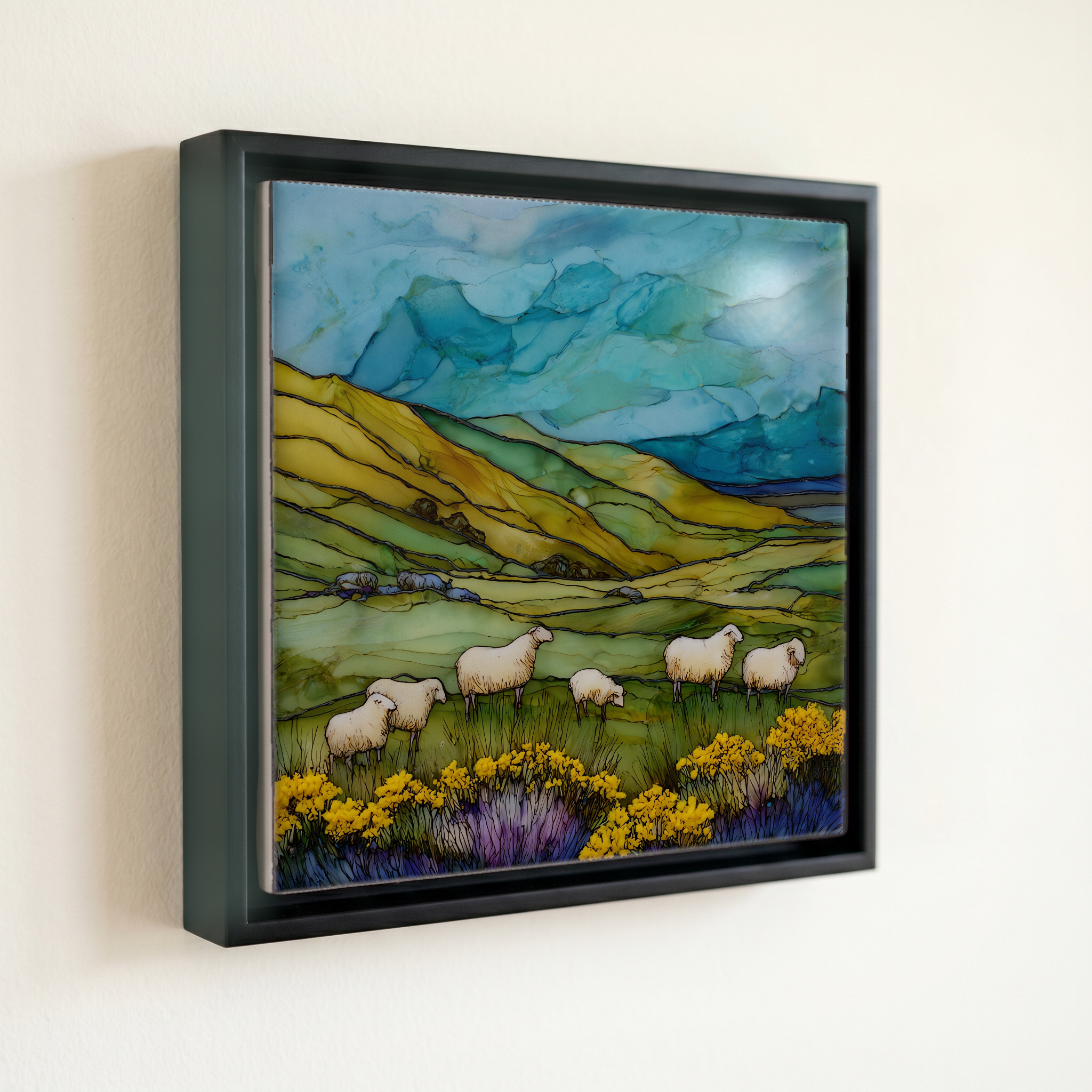 shown in a slim black floating frame · 6 × 6 in