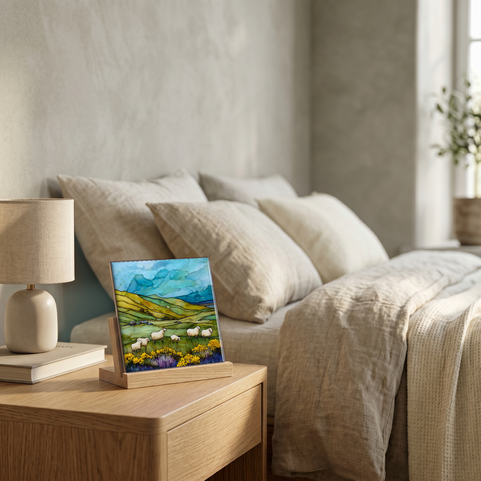 On the nightstand, on a light oak stand.