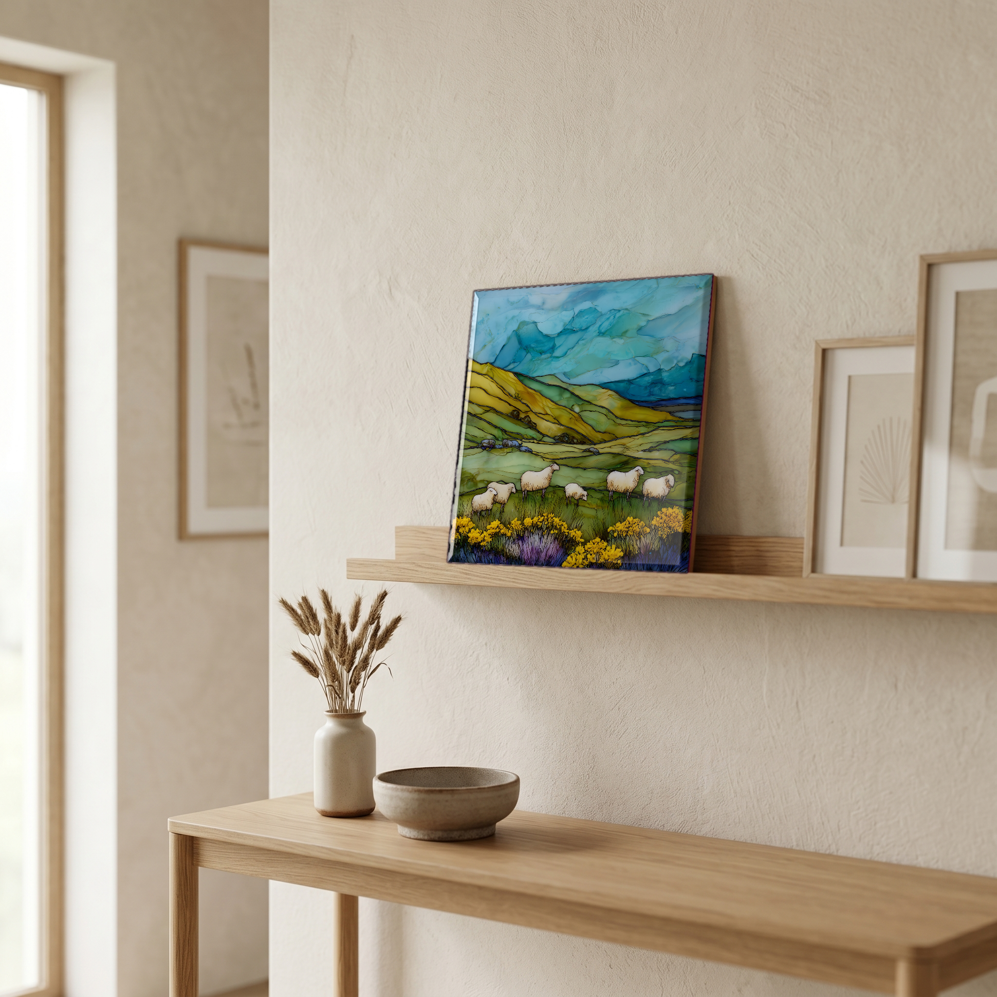 On a picture ledge, where the light comes in.