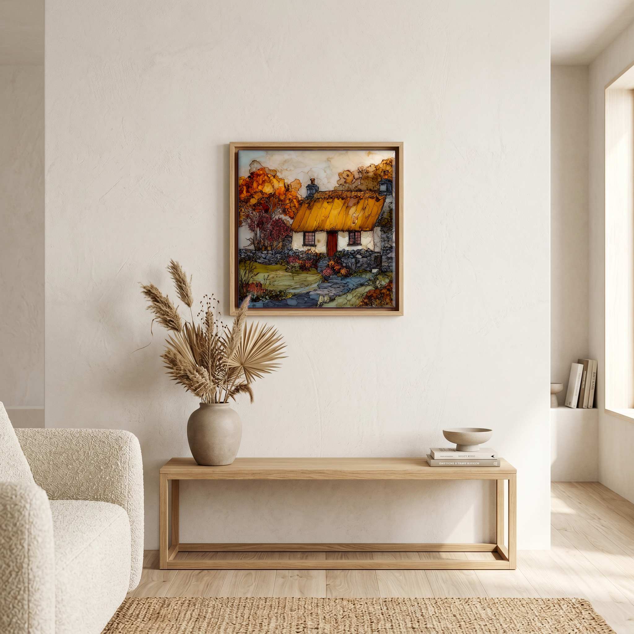 Above the bench, in a warm oak surround.