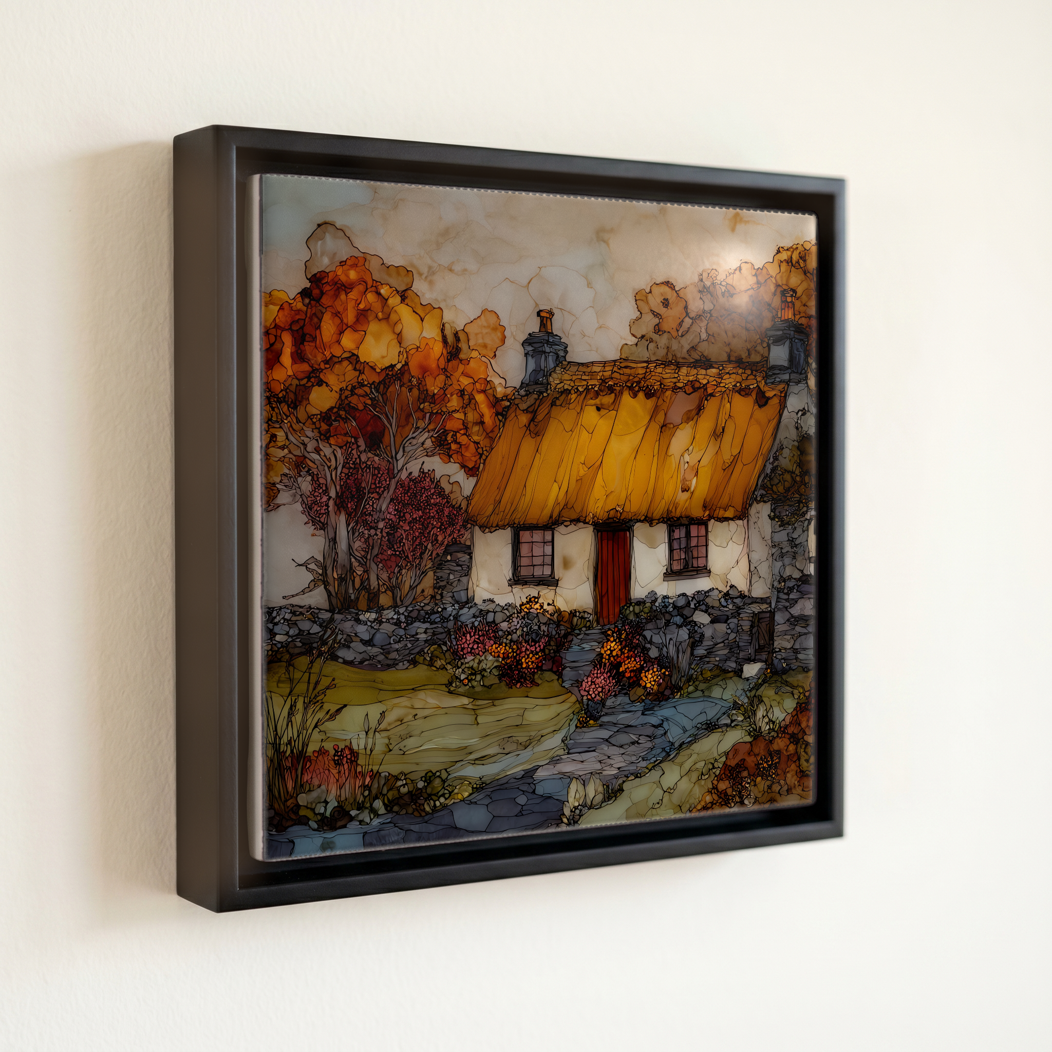 shown in a slim black floating frame · 6 × 6 in