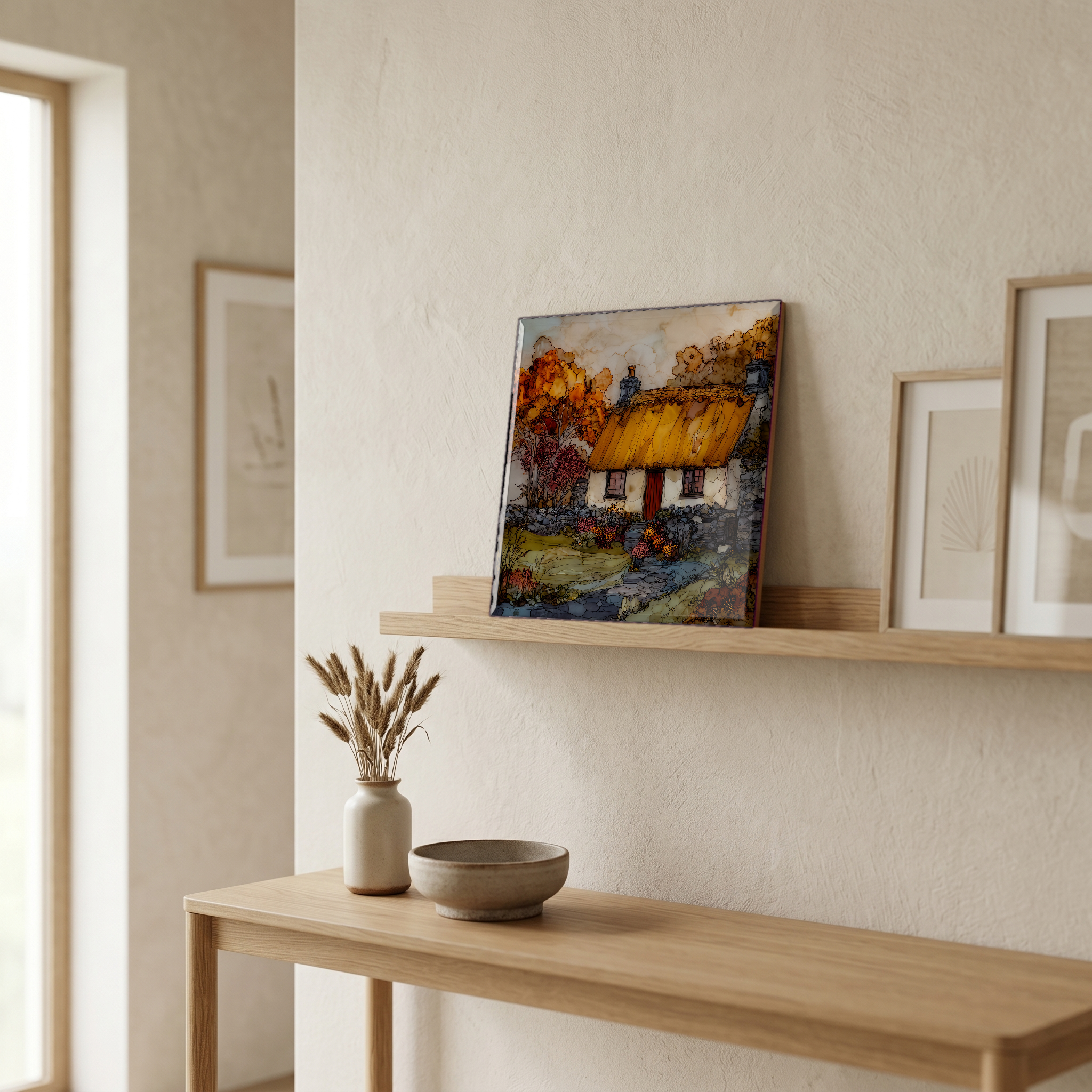 On a picture ledge, where the light comes in.