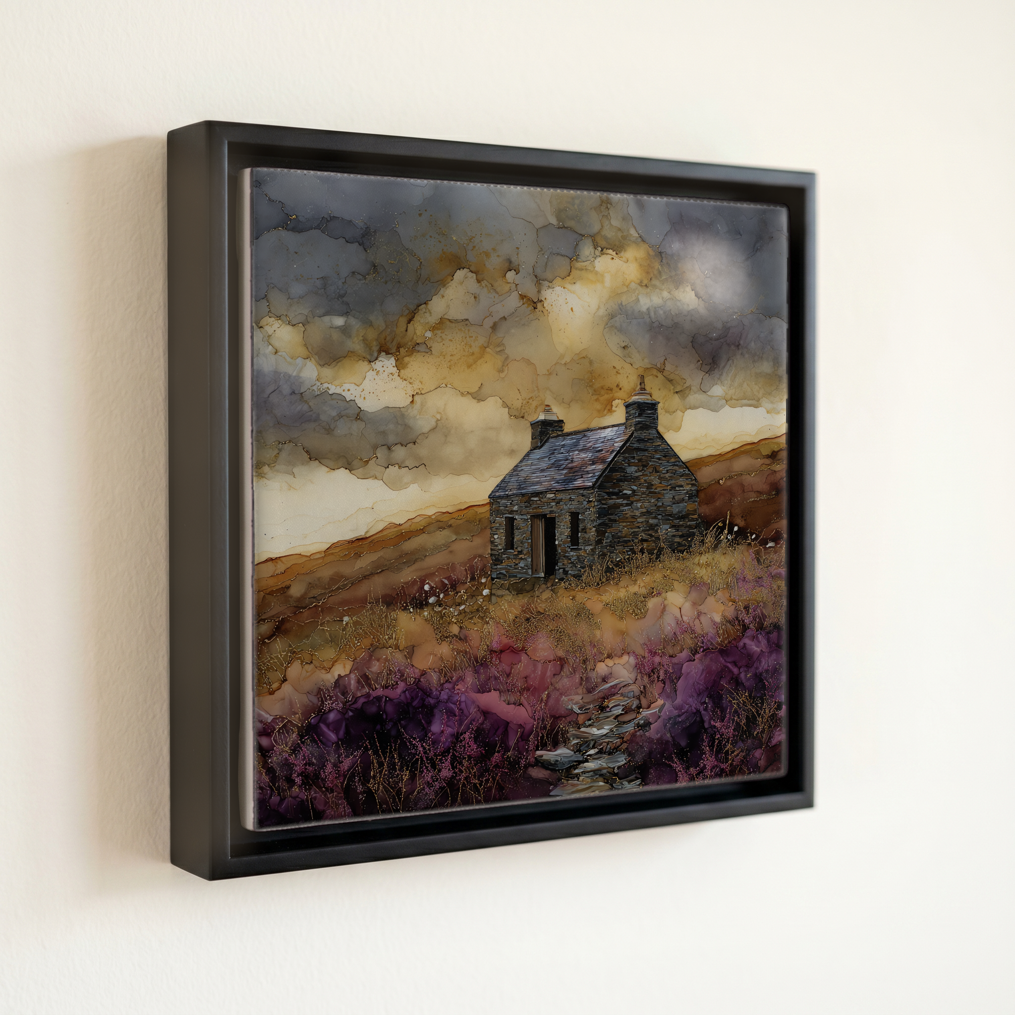 shown in a slim black floating frame · 6 × 6 in