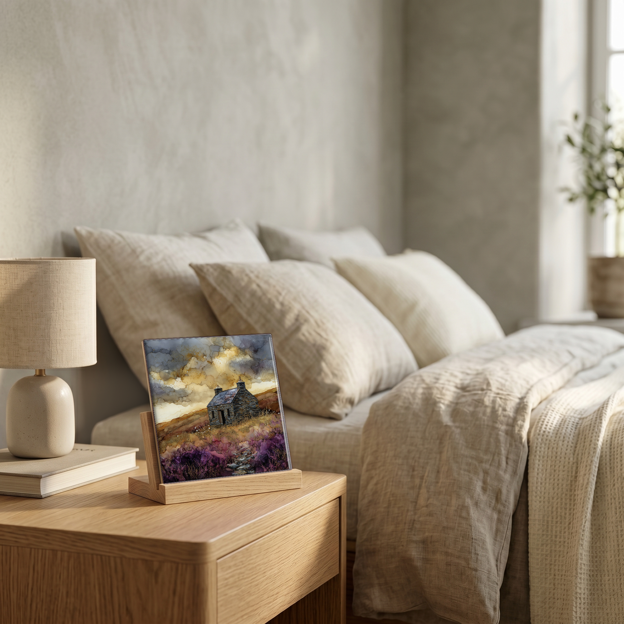 On the nightstand, on a light oak stand.