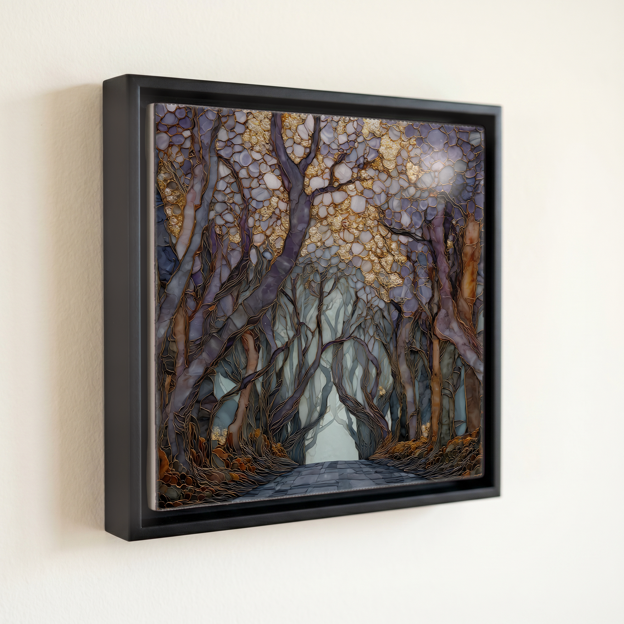 shown in a slim black floating frame · 6 × 6 in