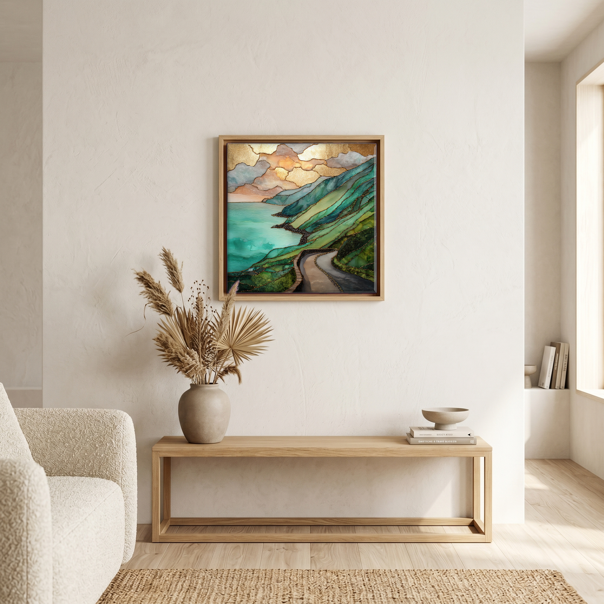 Above the bench, in a warm oak surround.