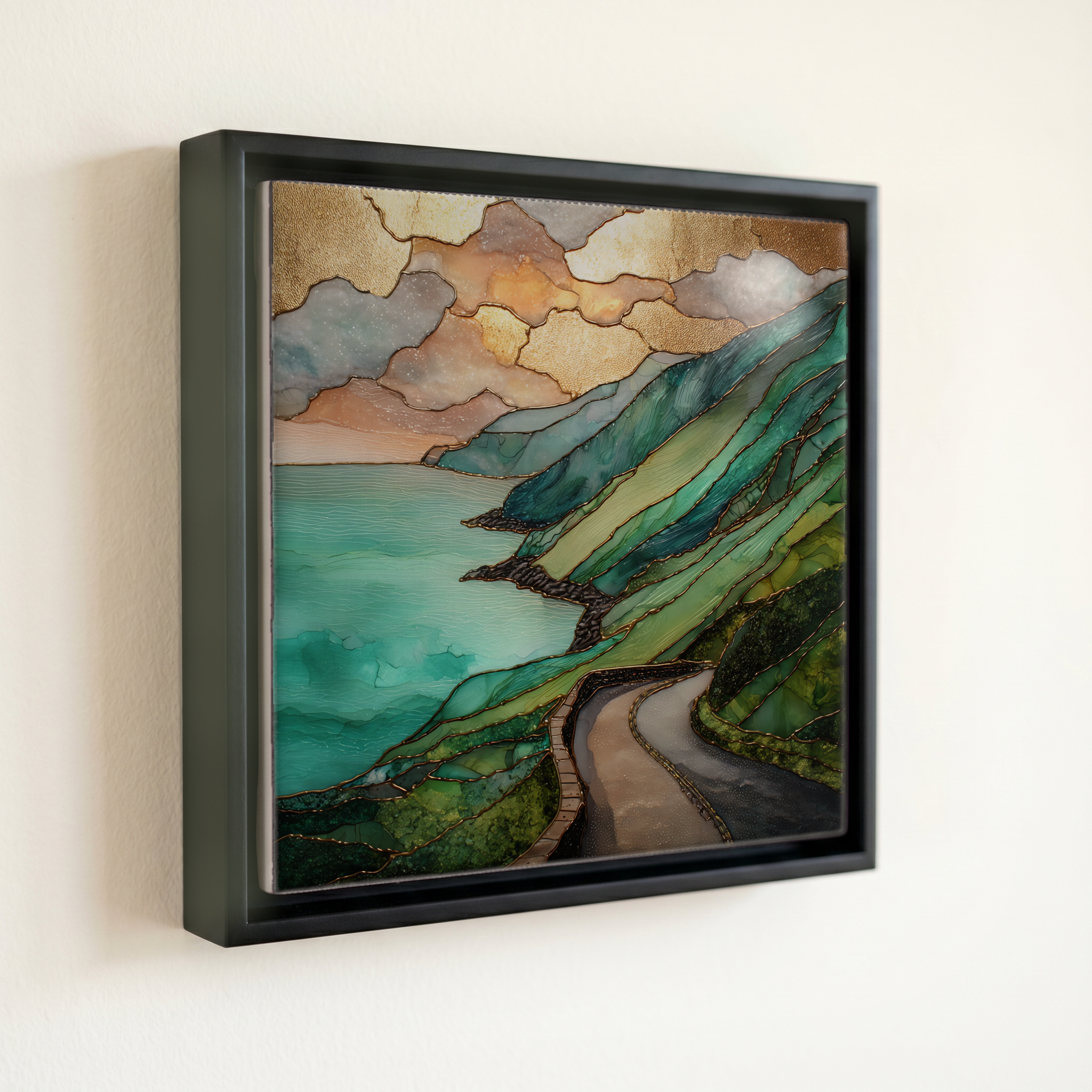 shown in a slim black floating frame · 6 × 6 in