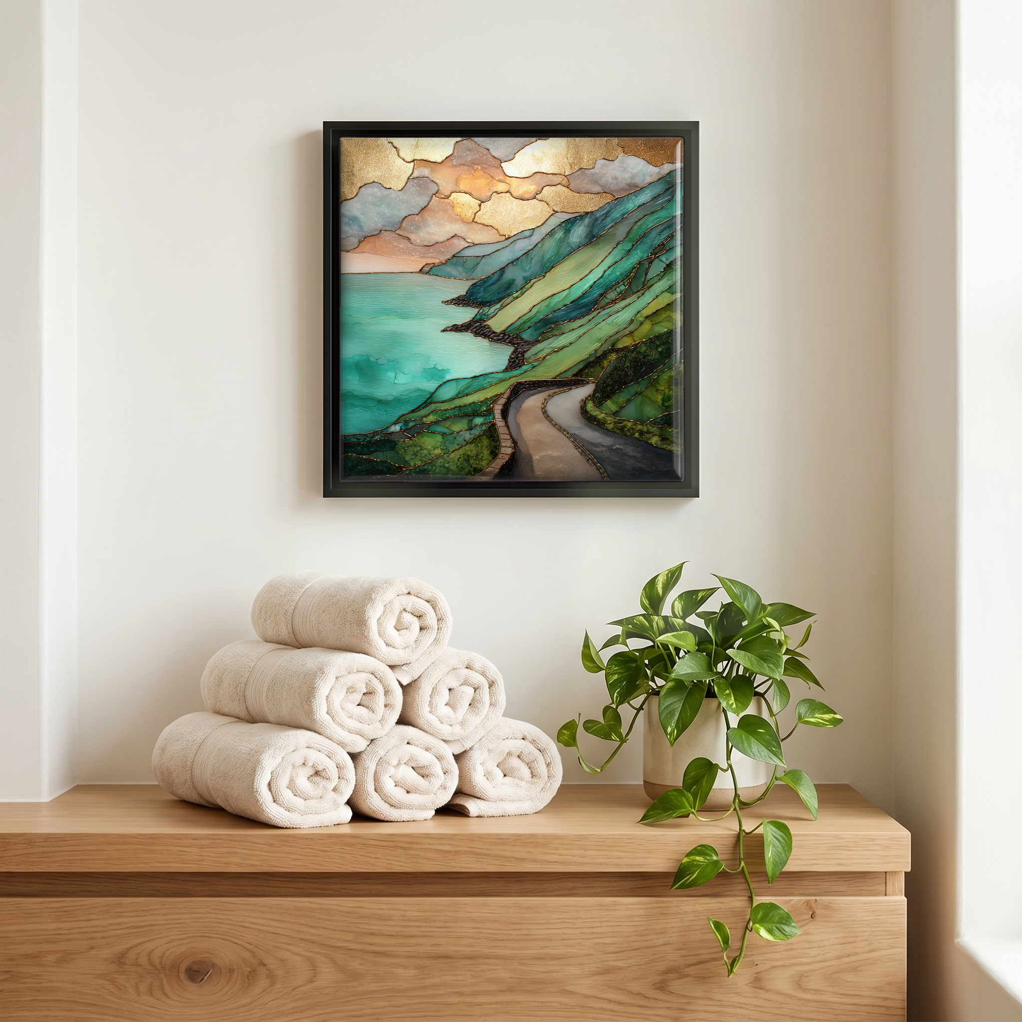 Above the linens, in a slim black surround.