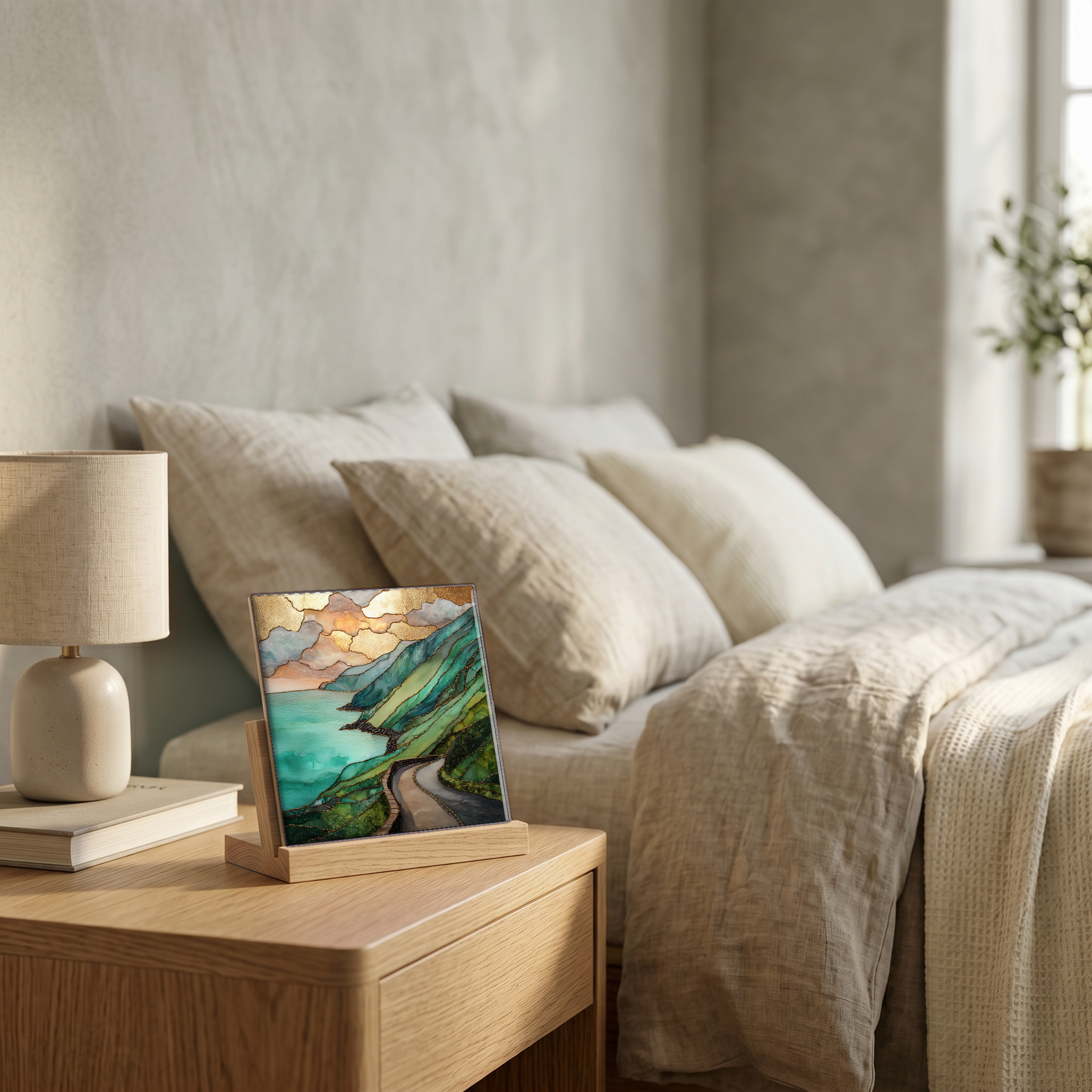 On the nightstand, on a light oak stand.