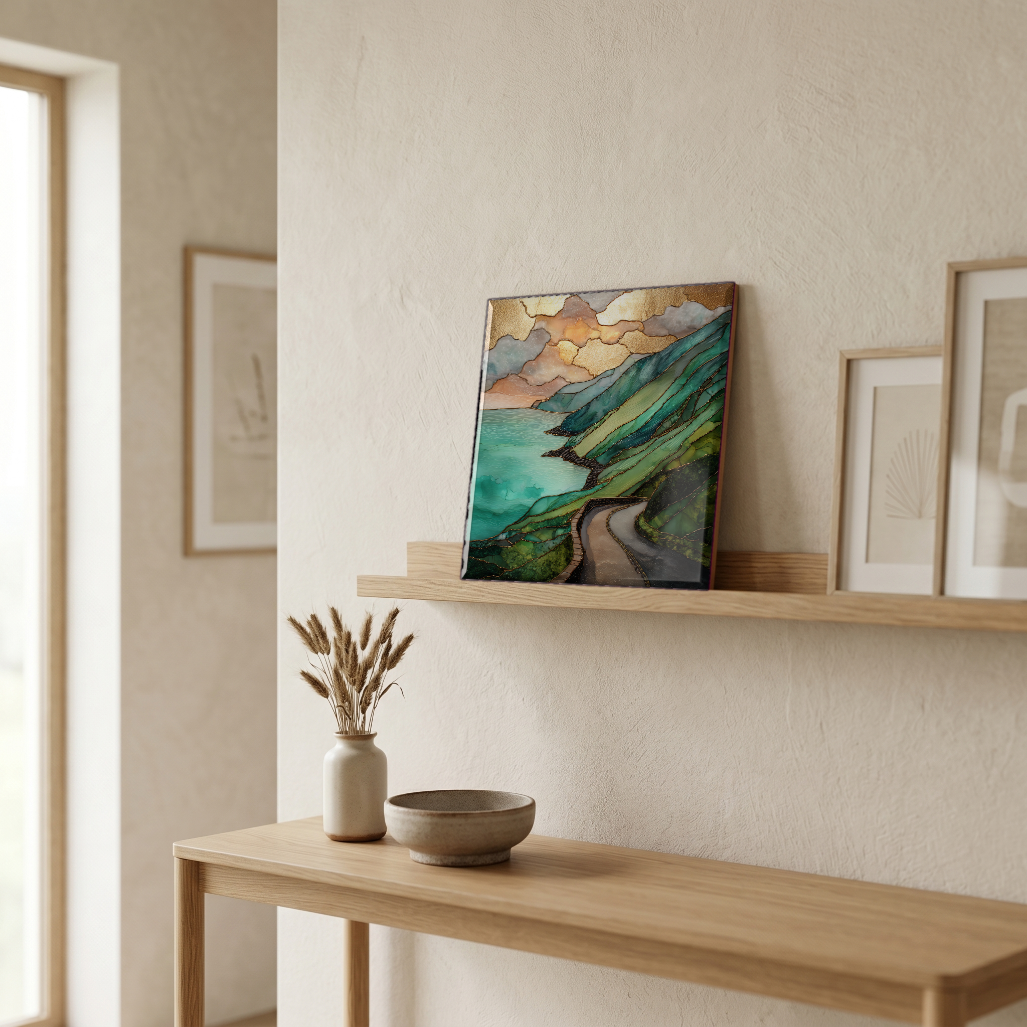 On a picture ledge, where the light comes in.