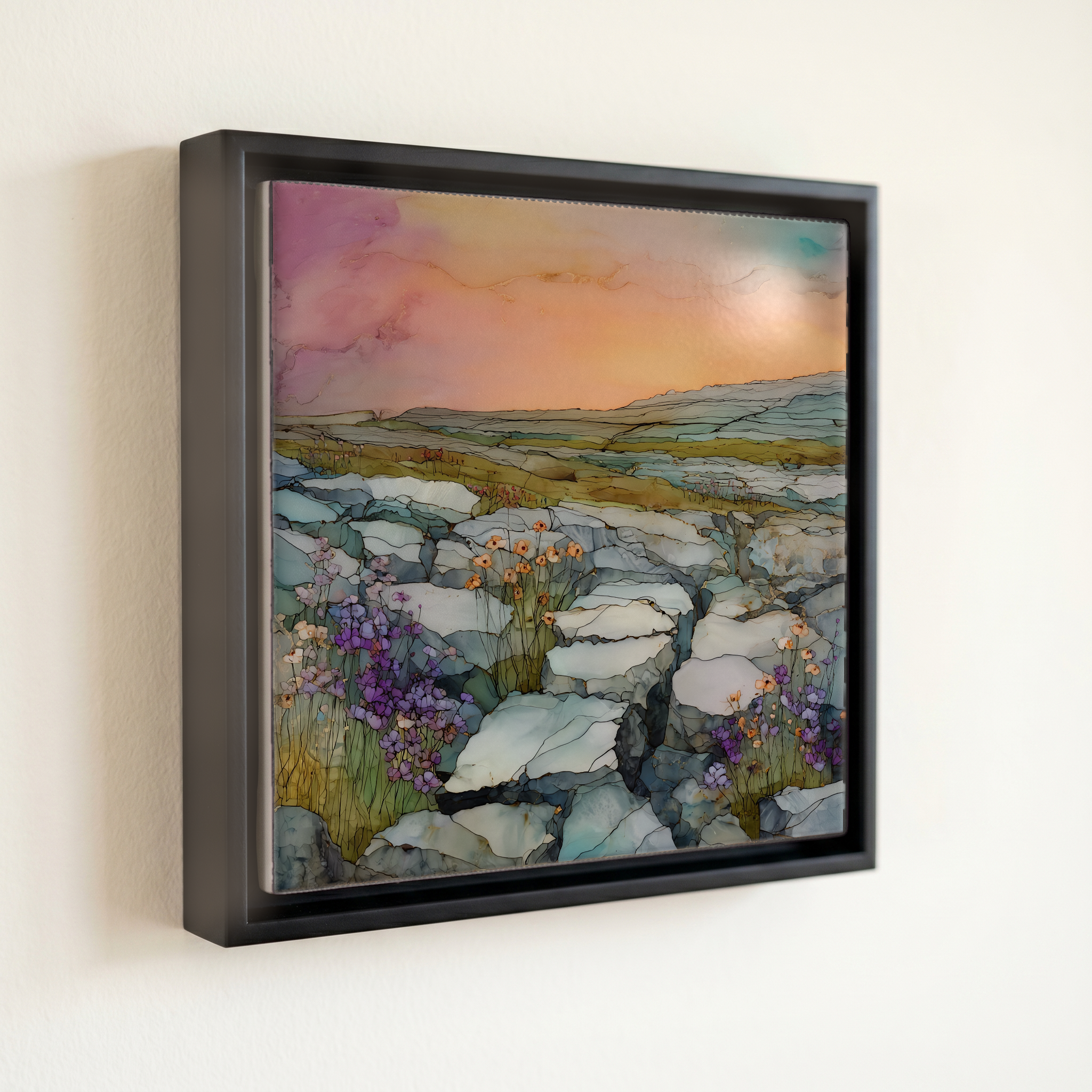 shown in a slim black floating frame · 6 × 6 in