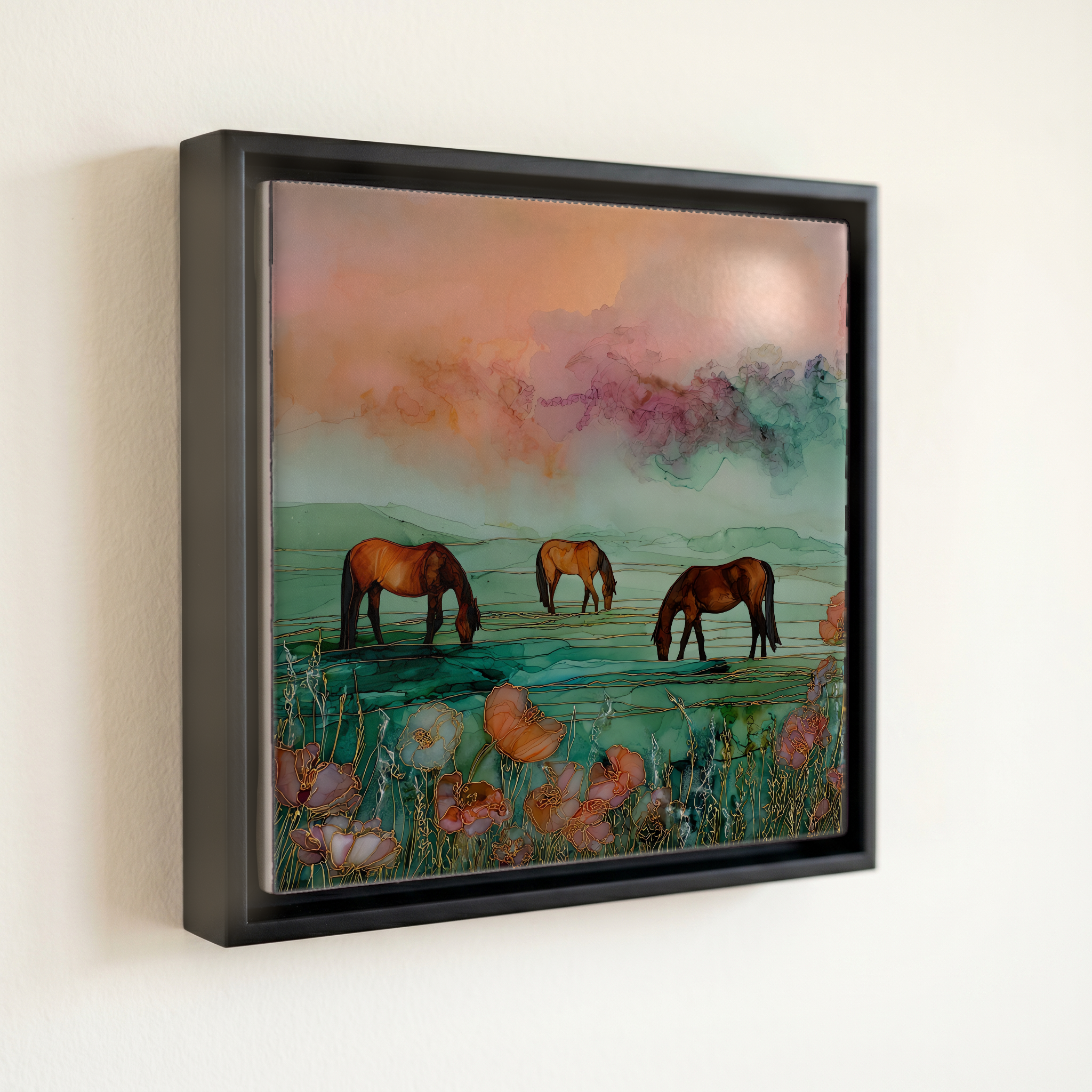 shown in a slim black floating frame · 6 × 6 in