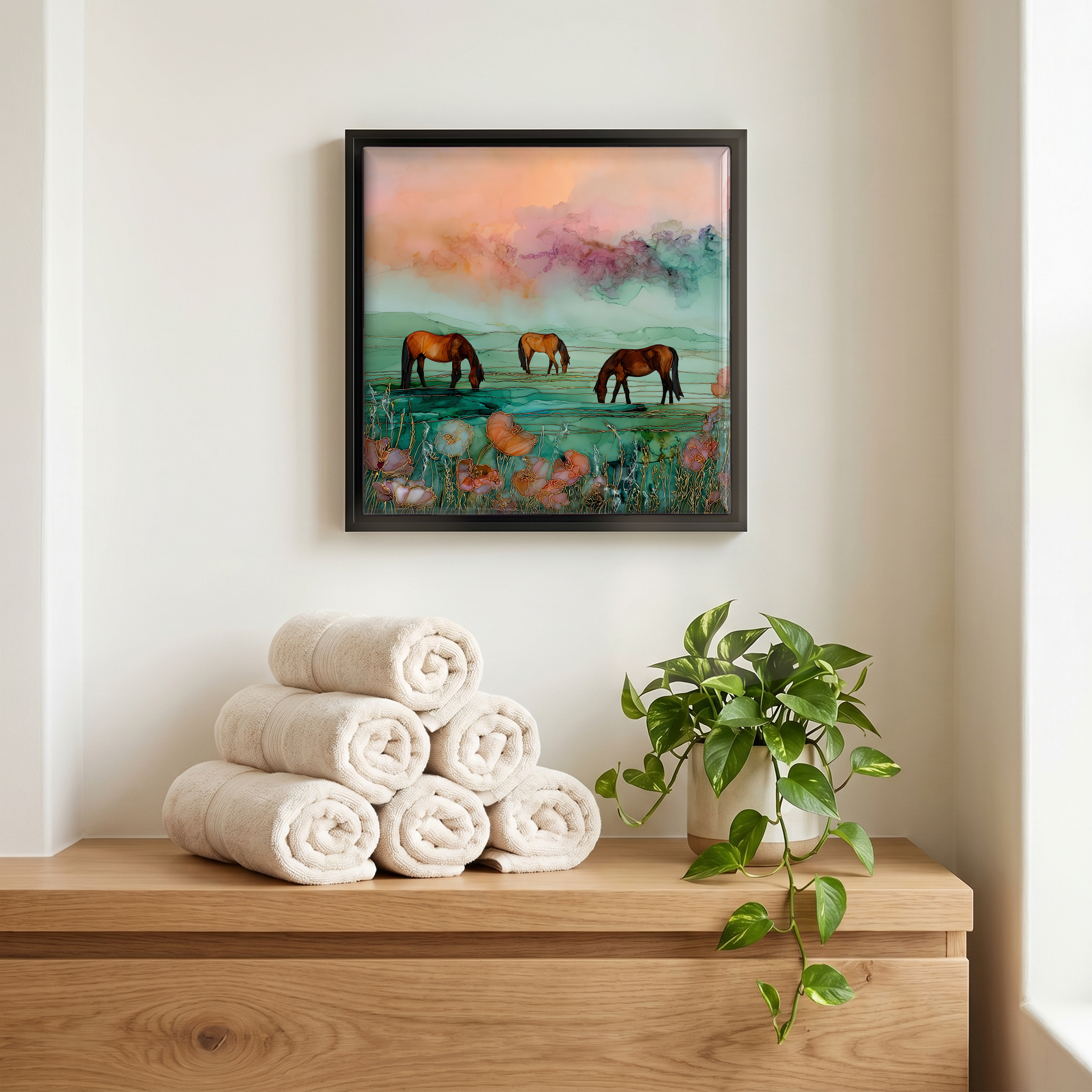 Above the linens, in a slim black surround.